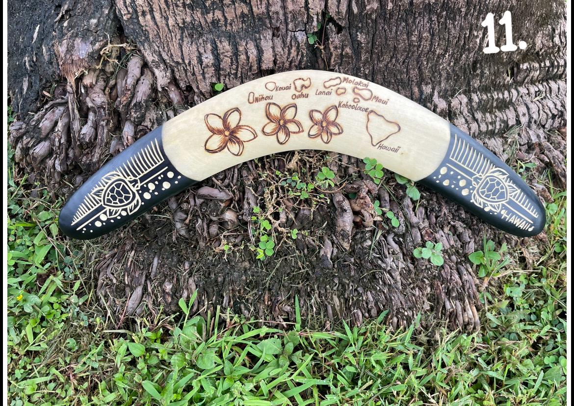 Aboriginal Polynesian Solid Wood Boomerangs with Hand Carved Hawaiian Maps, Symbols and Aloha!