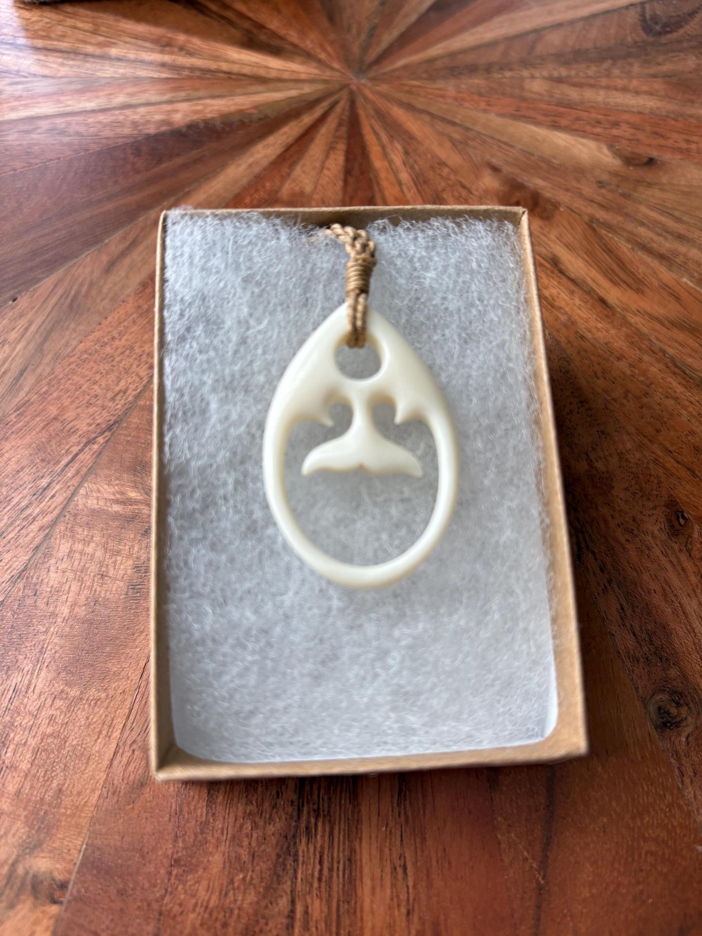 Solid Buffalo Bone Hand Carved Whale Tail Adjustable Pendant and Surfer Cord Necklace