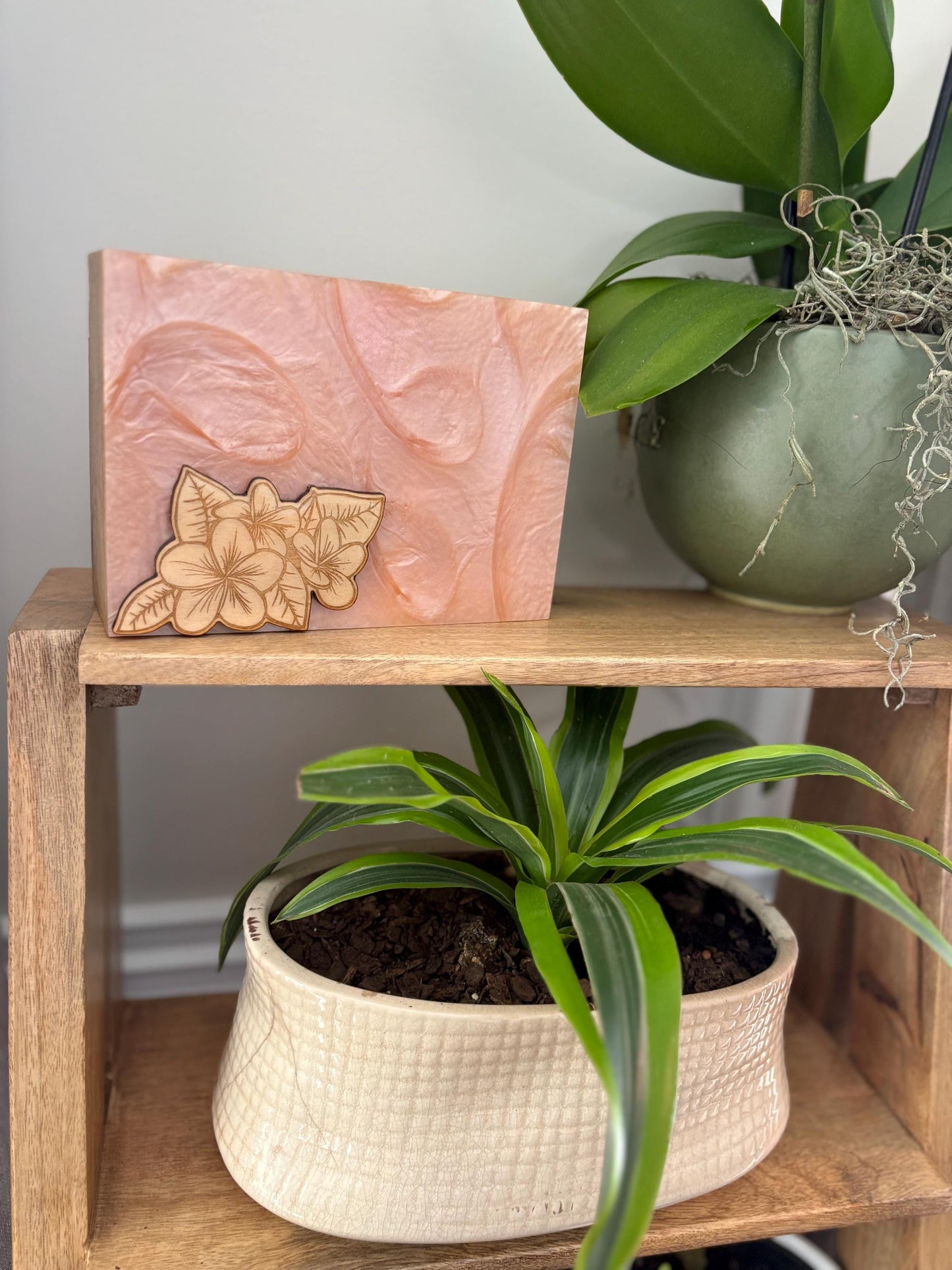 Hand-Crafted Polynesian & Micronesian Wooden and Faux Shell Inlay Box with a Plumeria Burned Wood Decor
