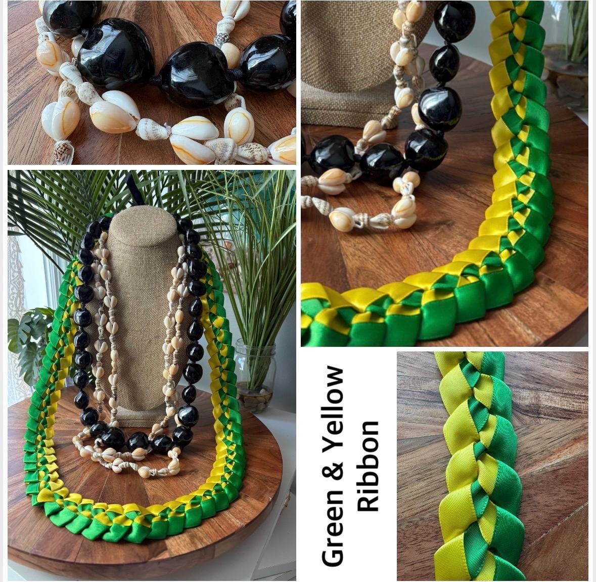 Hand Woven Ribbon Lei with Kukui Nut & Cowrie Shells