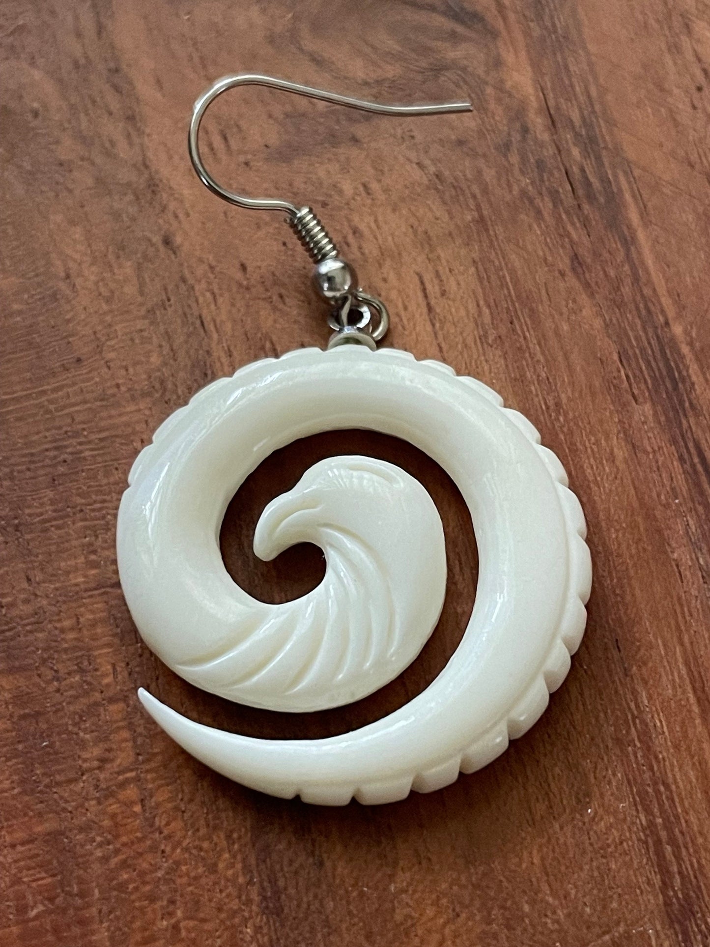 Bone Koru Dangle Earrings – Polynesian Eagle, .925 Silver