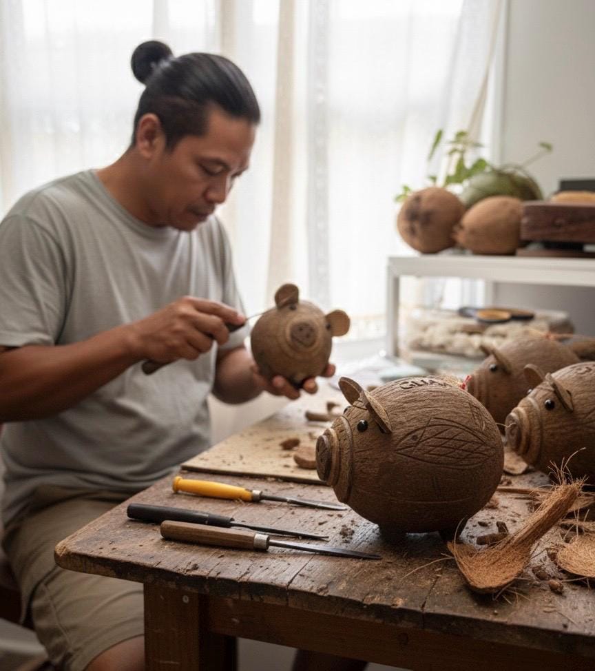 Hand Carved Coconut Piggy Bank – Guamanian Folk Art Display