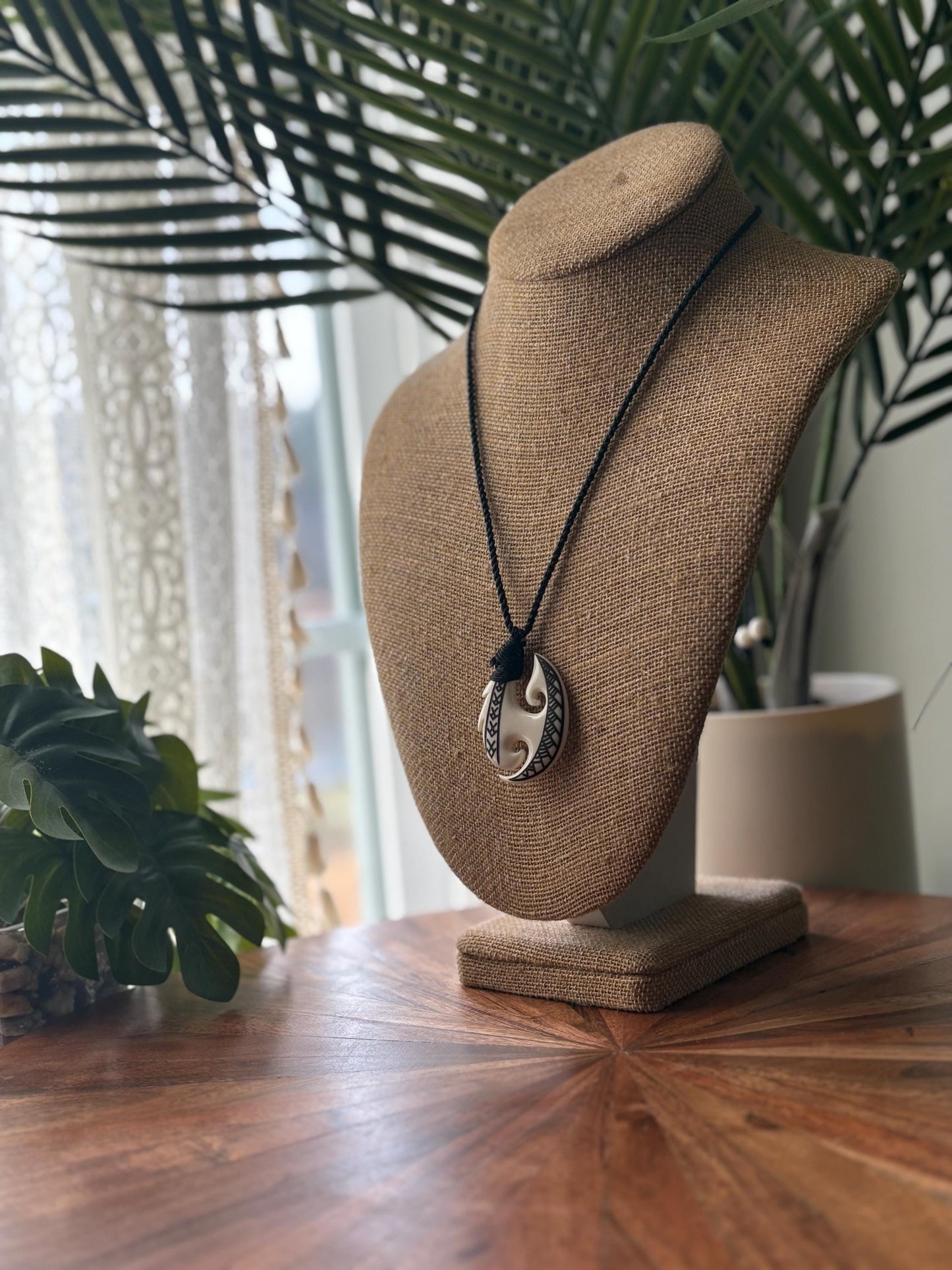 Hand Carved Buffalo Bone Makau Fish Hook Necklace Engraved with Pasefika Symbolism