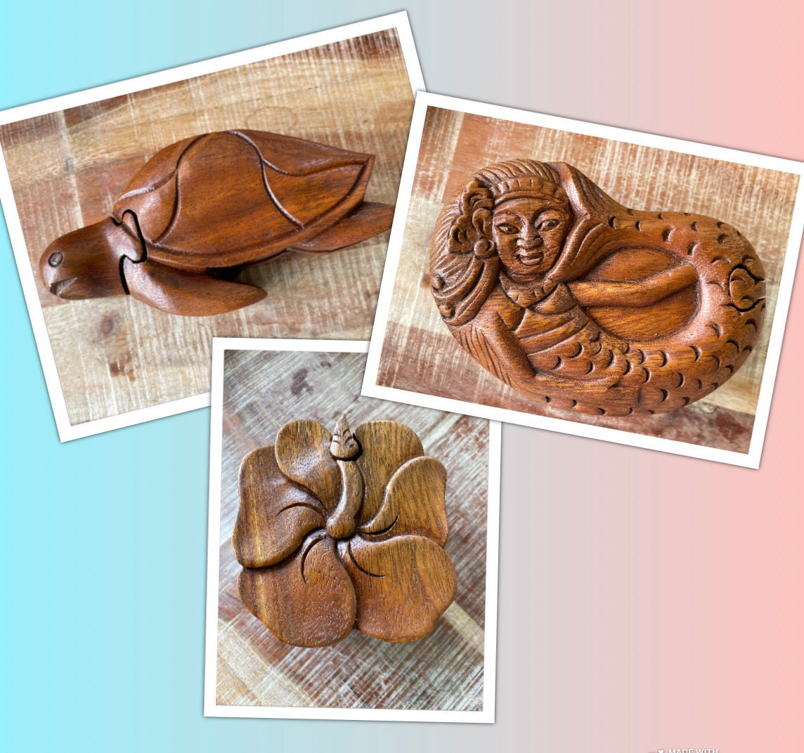 Handmade Sea Hibiscus Wood Turtle Puzzle Box – Hidden Compartment