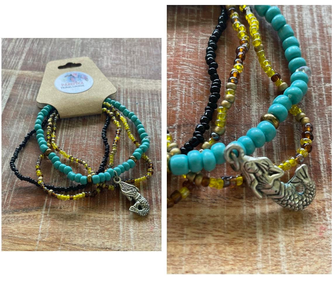 Handmade Beaded Bracelet Lot – Lava Stone, Seashell Boho Jewelry