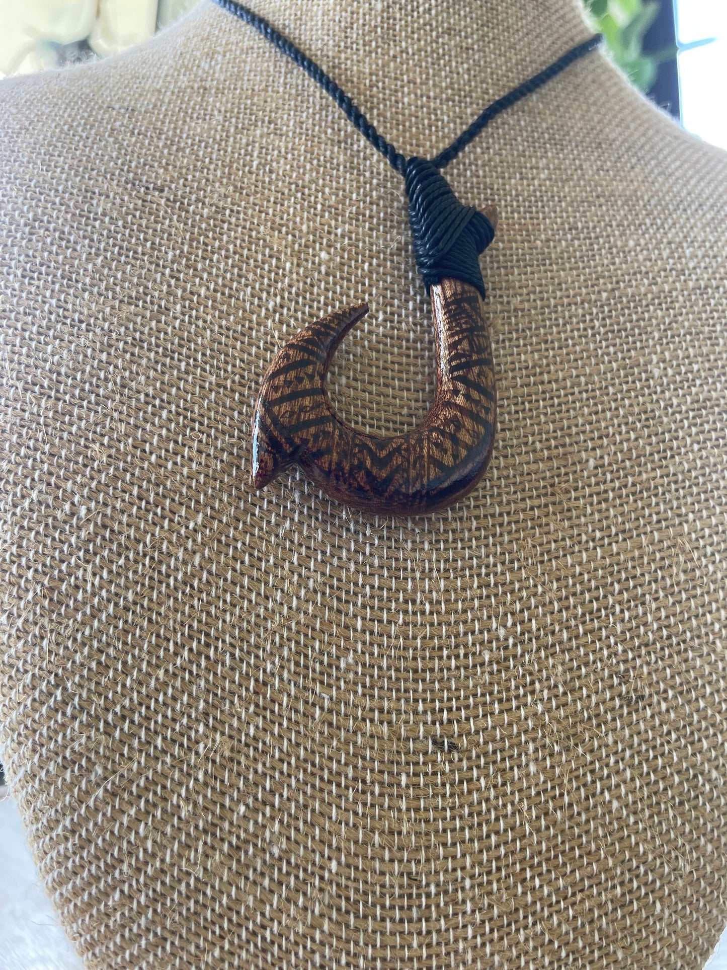 Handsomely Hand Carved Koa Wood Hawaiian Makau (Fish Hook) Necklace with Traditional Polynesian Designs. Adjustable Surfer Cord for Anyone