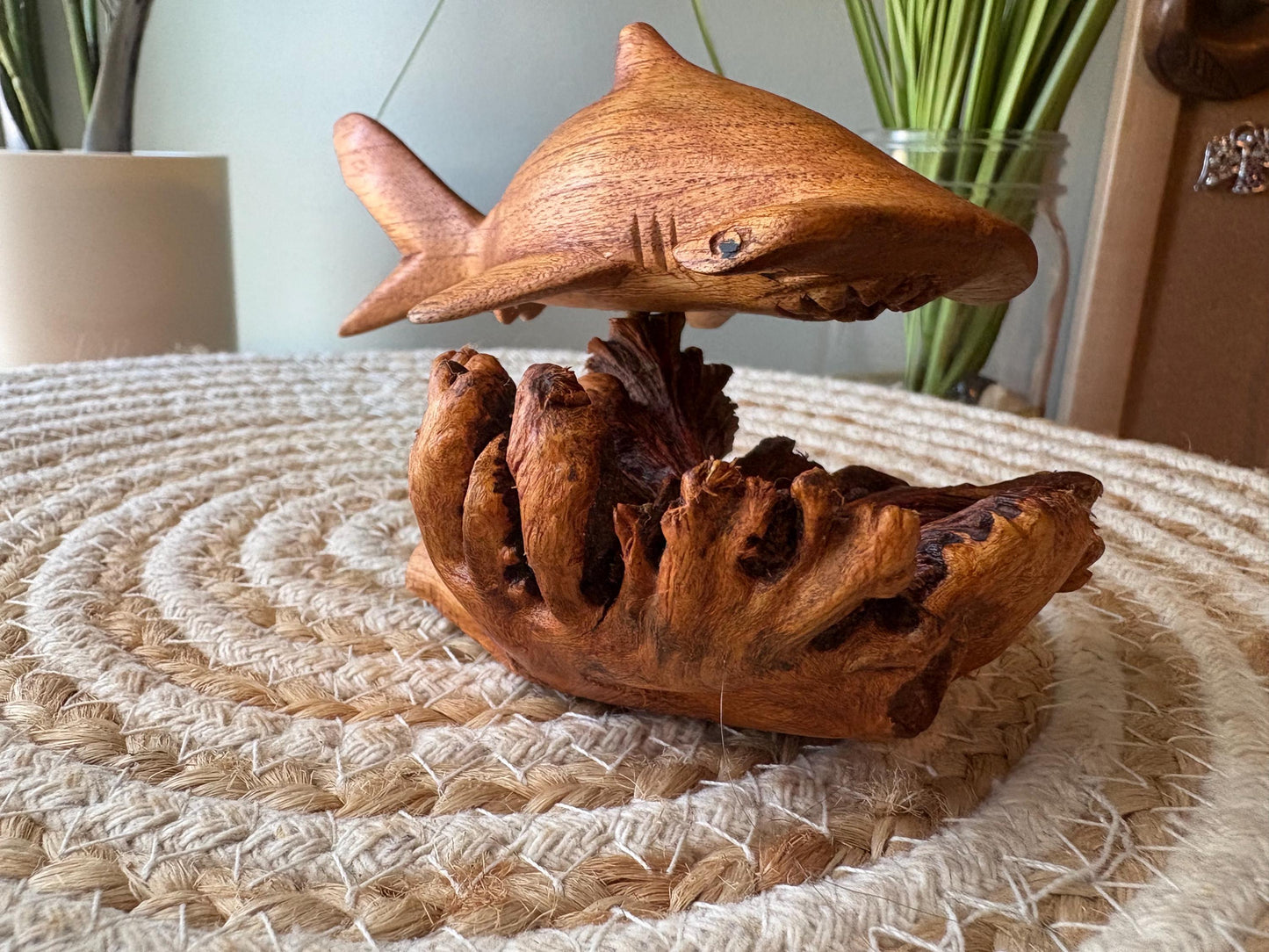 Hand Carved Hammerhead Shark Sculpture on Leech Wood Base