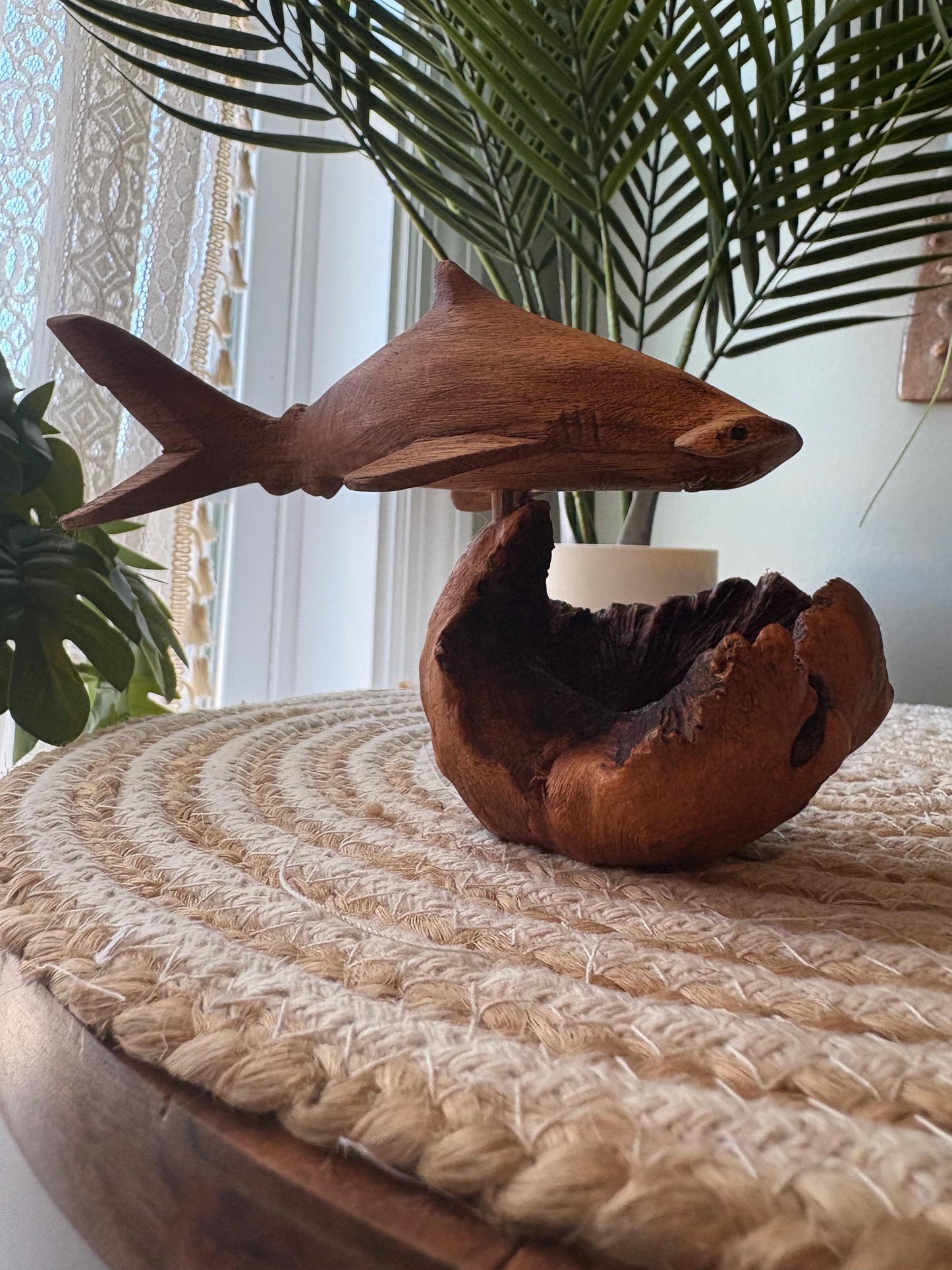 Hand Carved Hammerhead Shark on Leech Wood Base