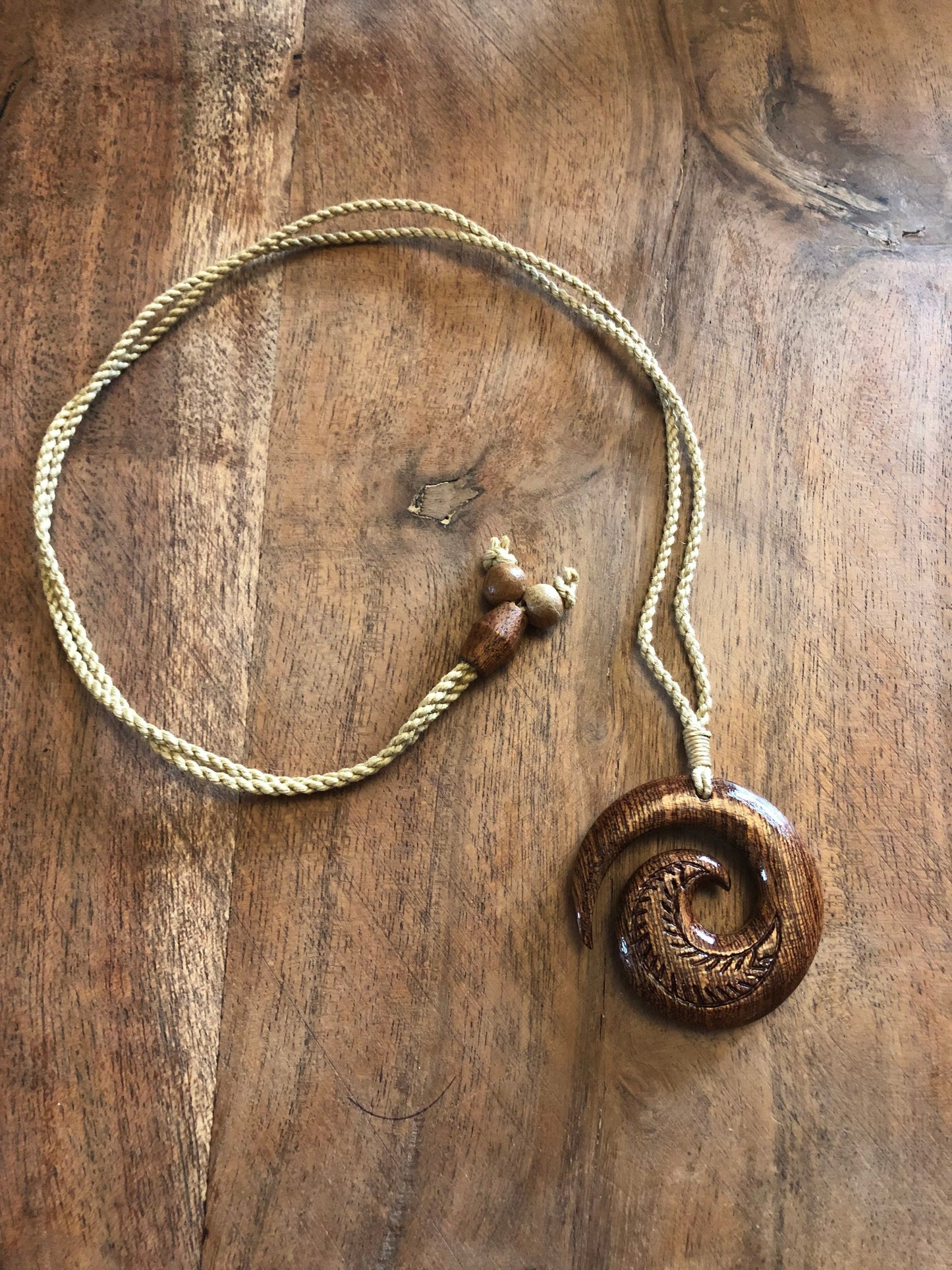 Finely Detailed, Hand-carved Solid Koa Wood Koru or Fern Adjustable Necklace