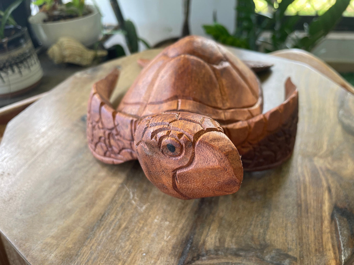 Hand Carved Hibiscus Wood Sea Turtle: Nautical Home Decor (8.5-10" Long)