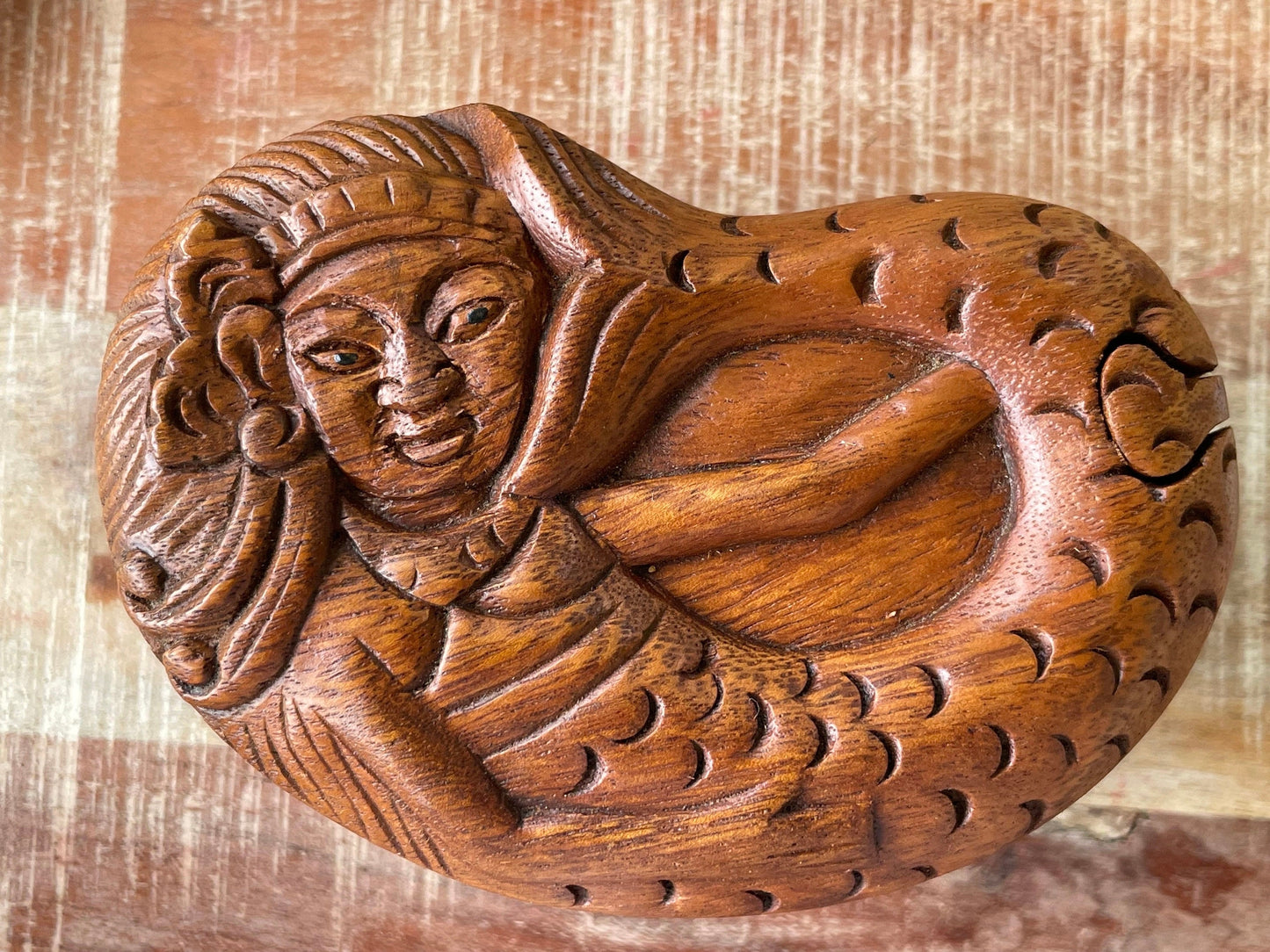 Hand Carved Mermaid Puzzle Box – Sea Hibiscus Wood Hidden Compartment
