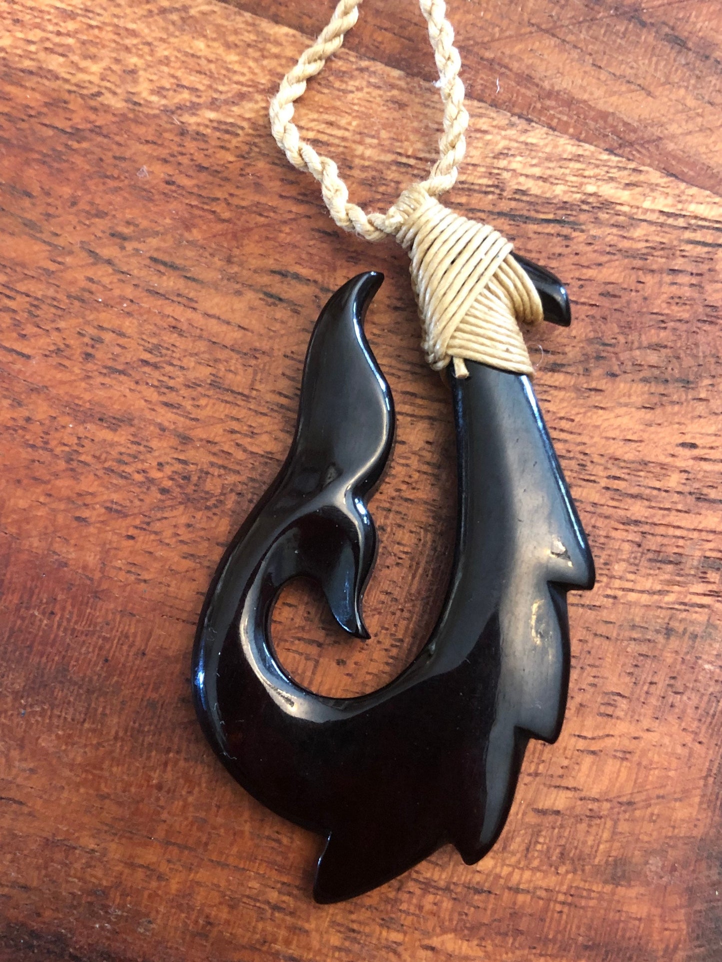 Hand-Carved Buffalo Bone Makau Necklace: Polynesian Fish Hook & Whale Tail