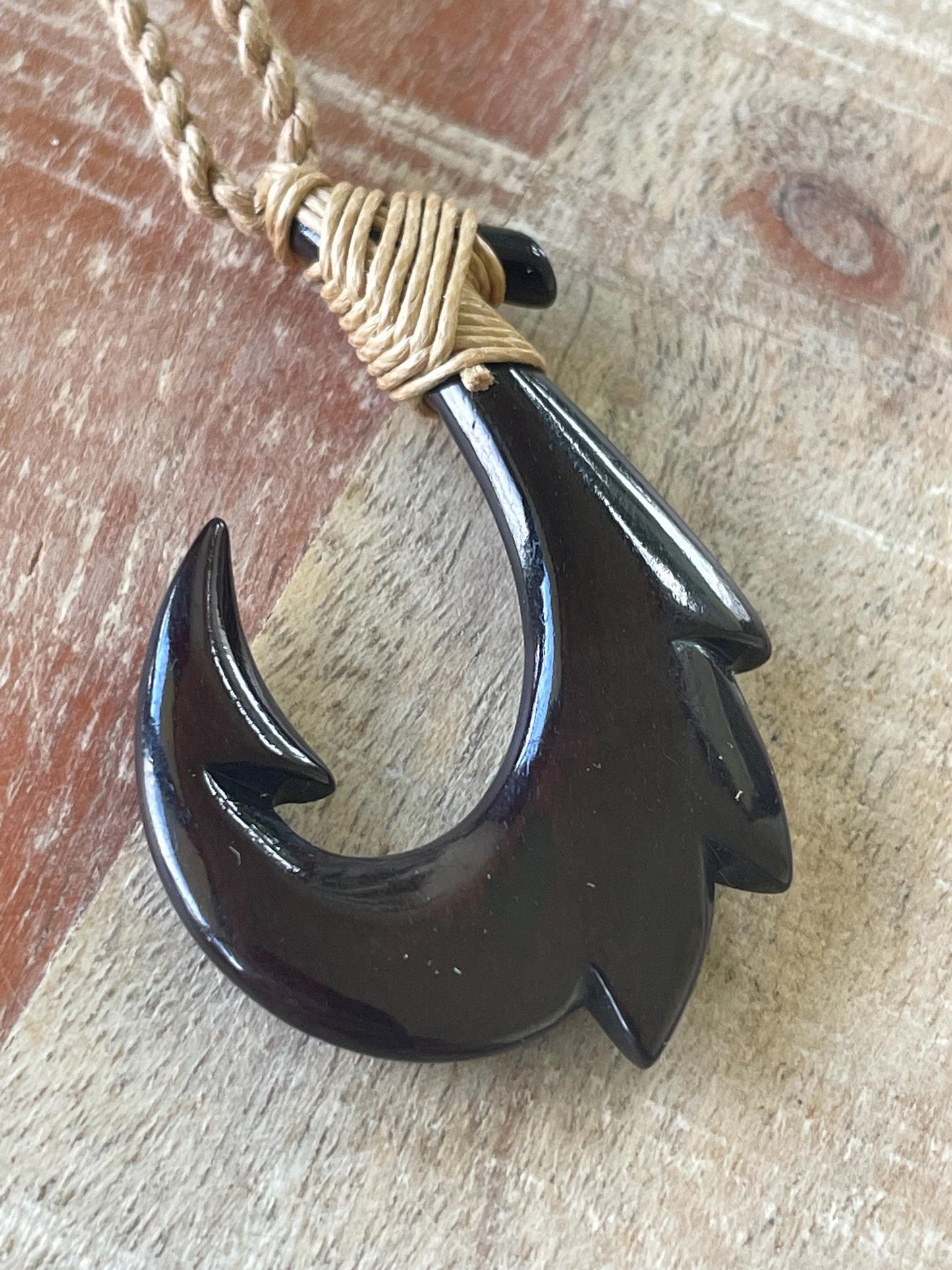 34” Solid Black Horn Handcarved Makau (Fish Hook) Necklace - Adjustable Surfer Cord