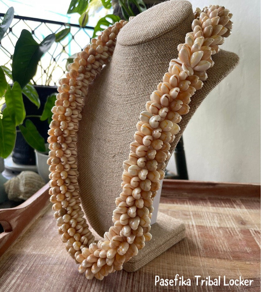 Authentic Cowerie Shell Lei, Natural Ribbon Tie Necklace, 30”