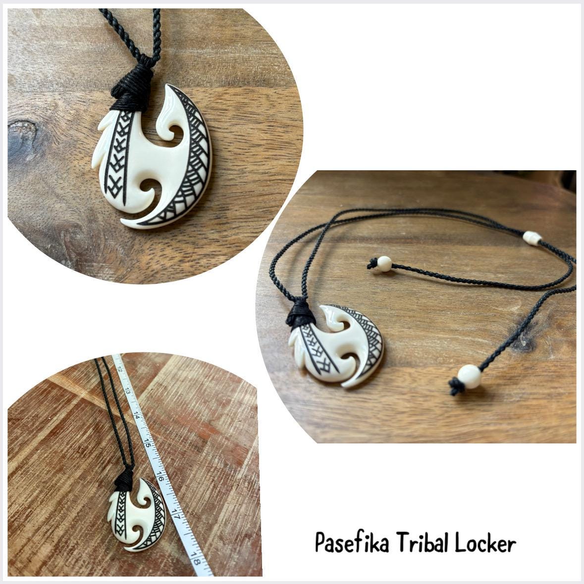 Hand Carved Bone Fish Hook Necklace: Micronesian Polynesian Makau Lei
