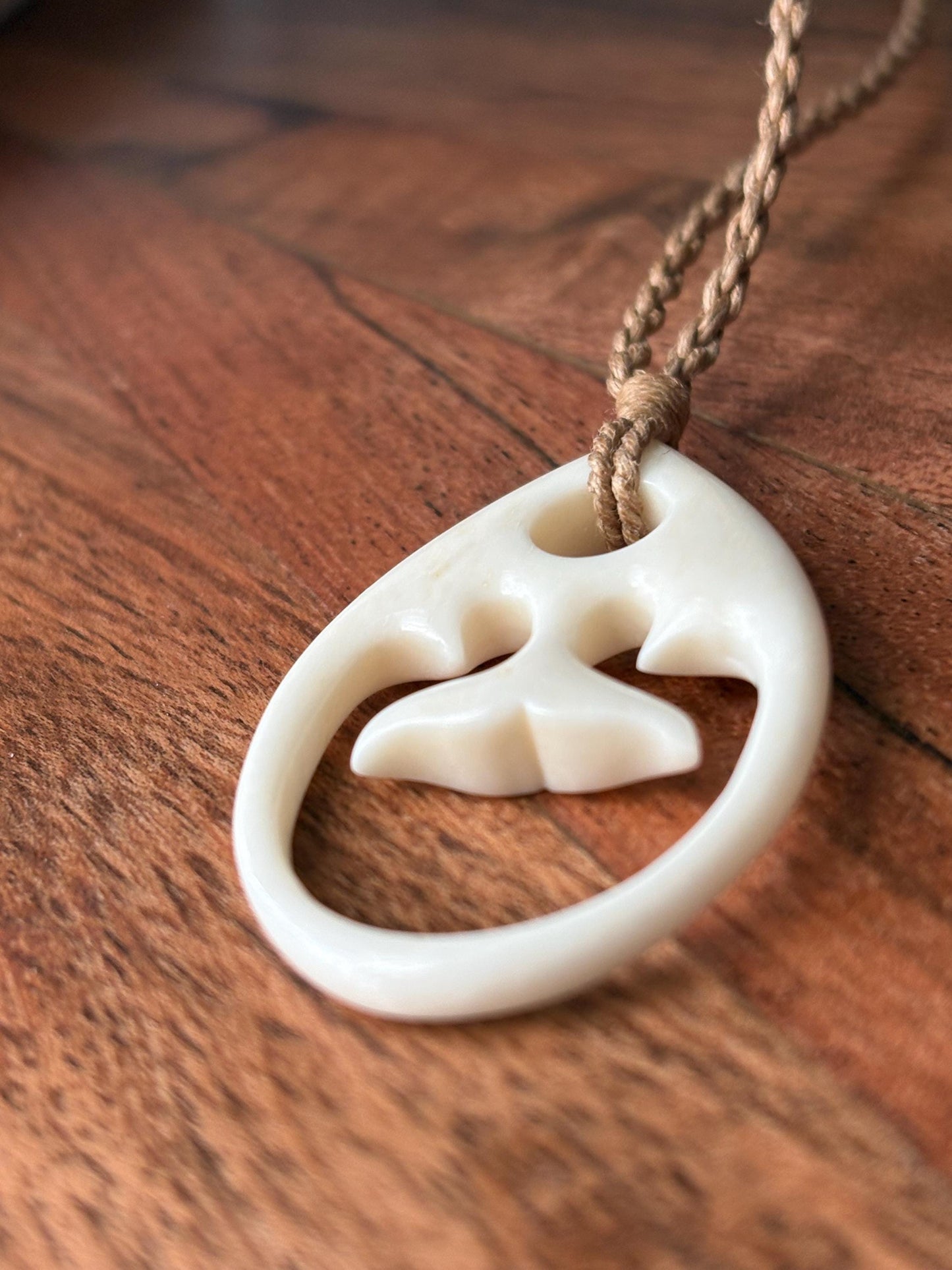 Solid Buffalo Bone Hand Carved Whale Tail Adjustable Pendant and Surfer Cord Necklace
