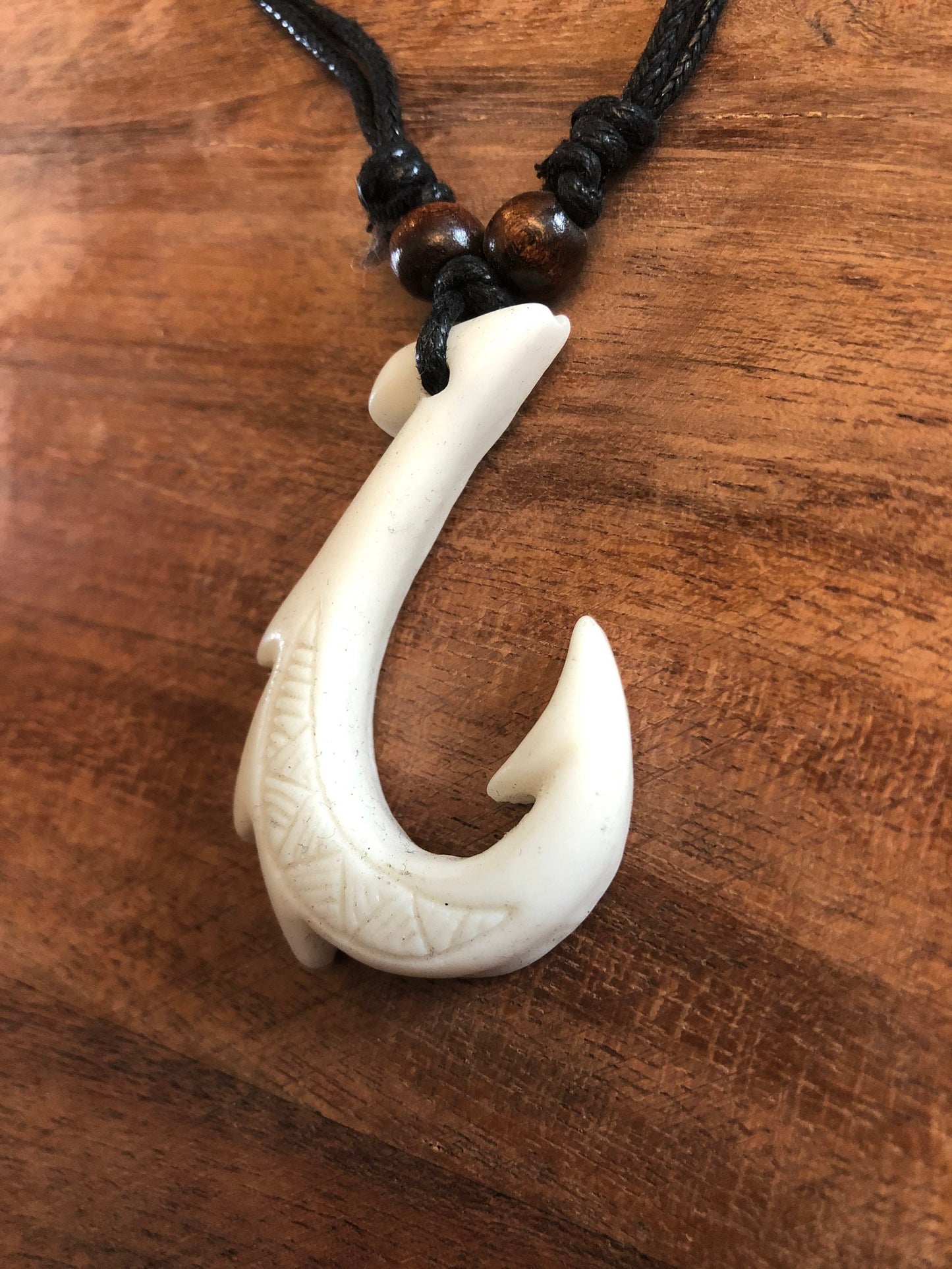 Polynesian Makau Fish Hook Necklace, White Bone Resin, Adjustable Boho Surfer Style