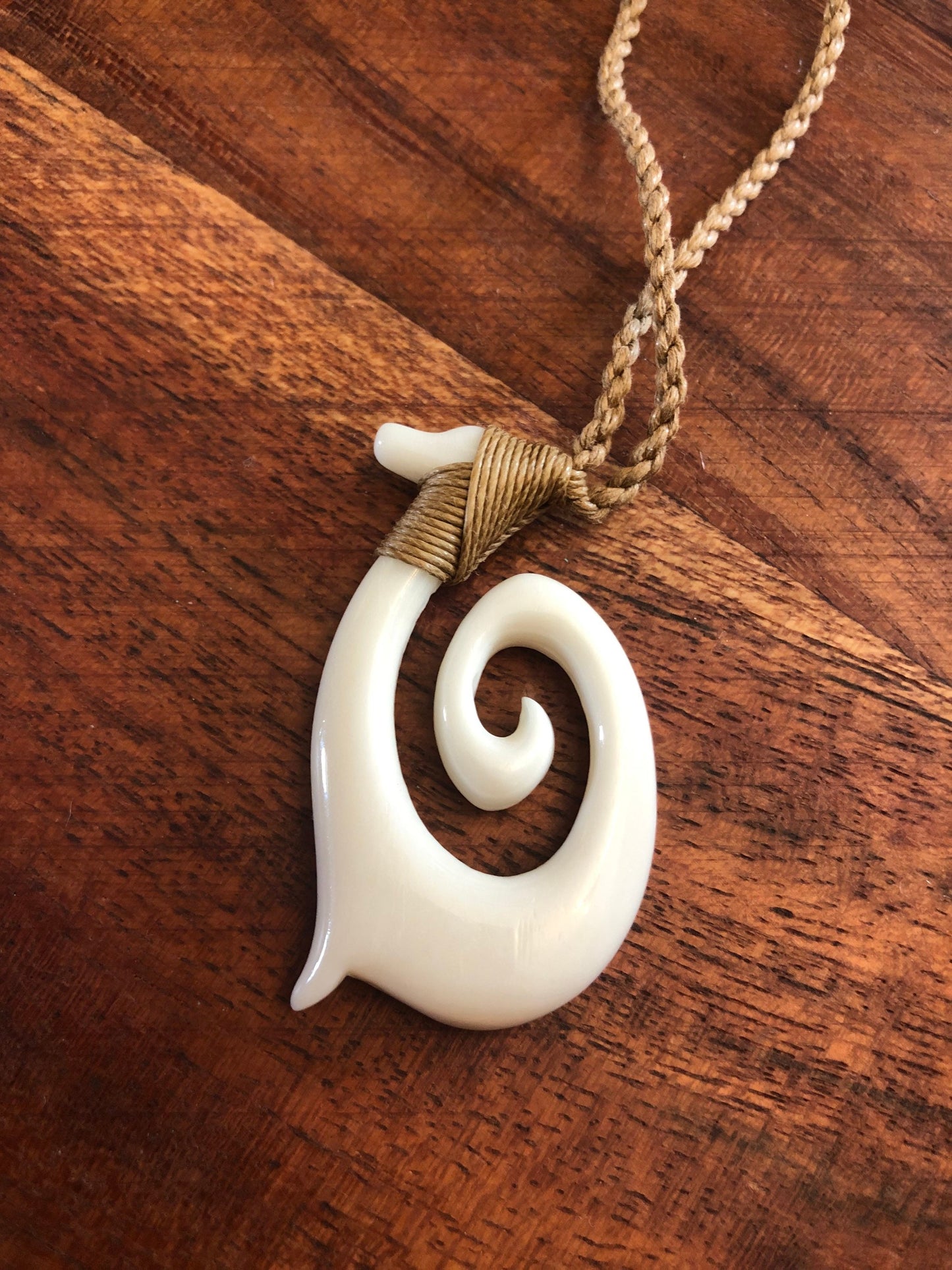 Hand Carved Buffalo Bone Fish Hook Hei Makau Necklace