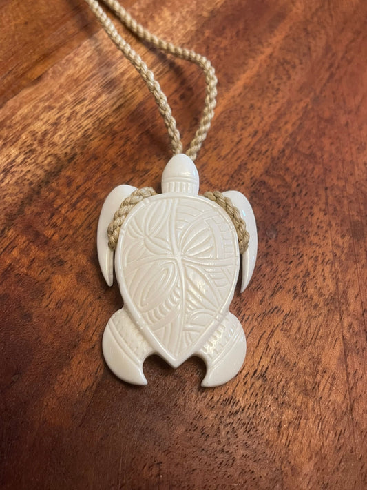 Hand Carved Buffalo Bone Honu Pendant - Adjustable Sea Turtle Necklace