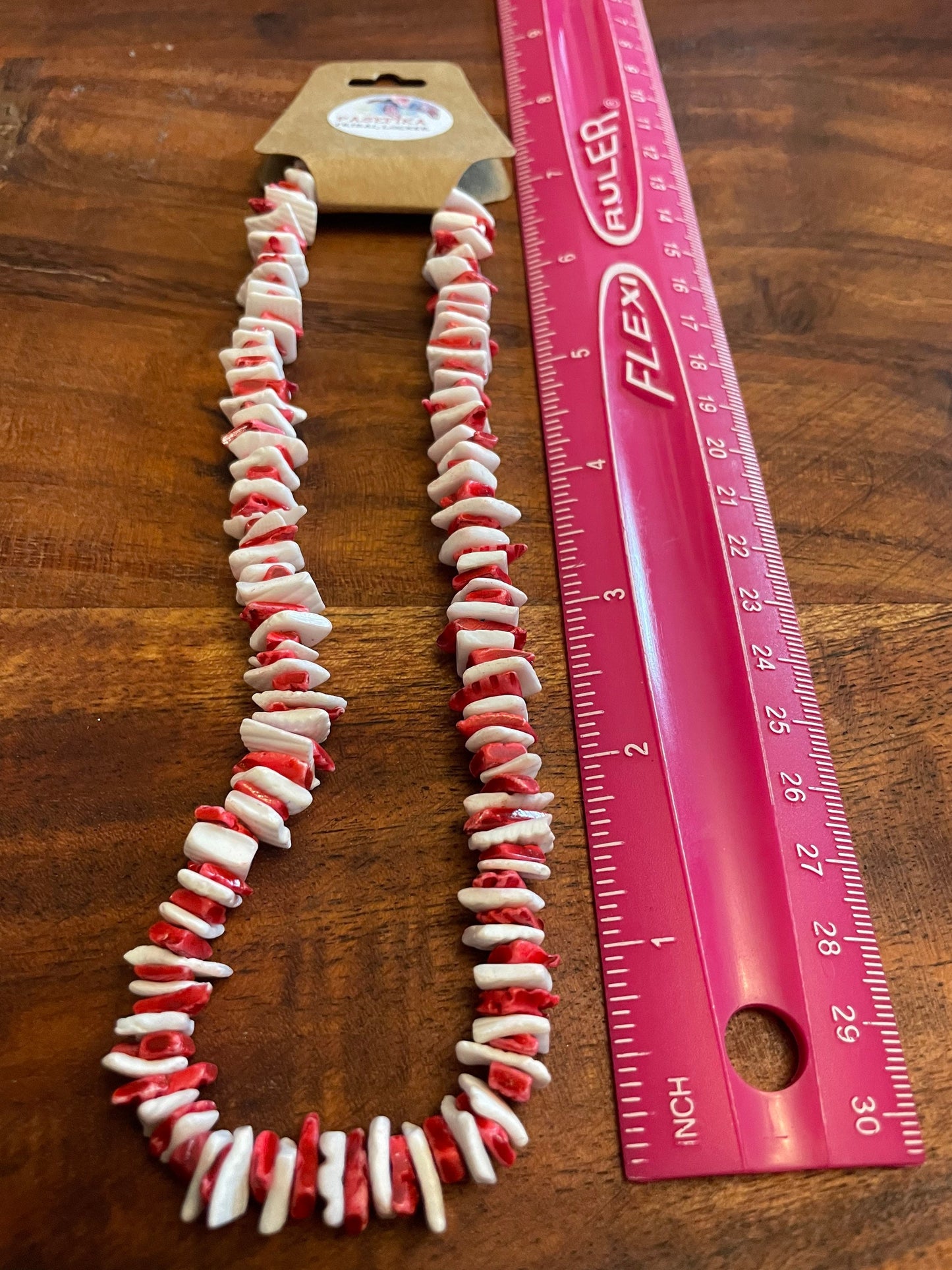 Red and White Puka Shell Necklace - Striped Retro Style, .925 Silver Clasp