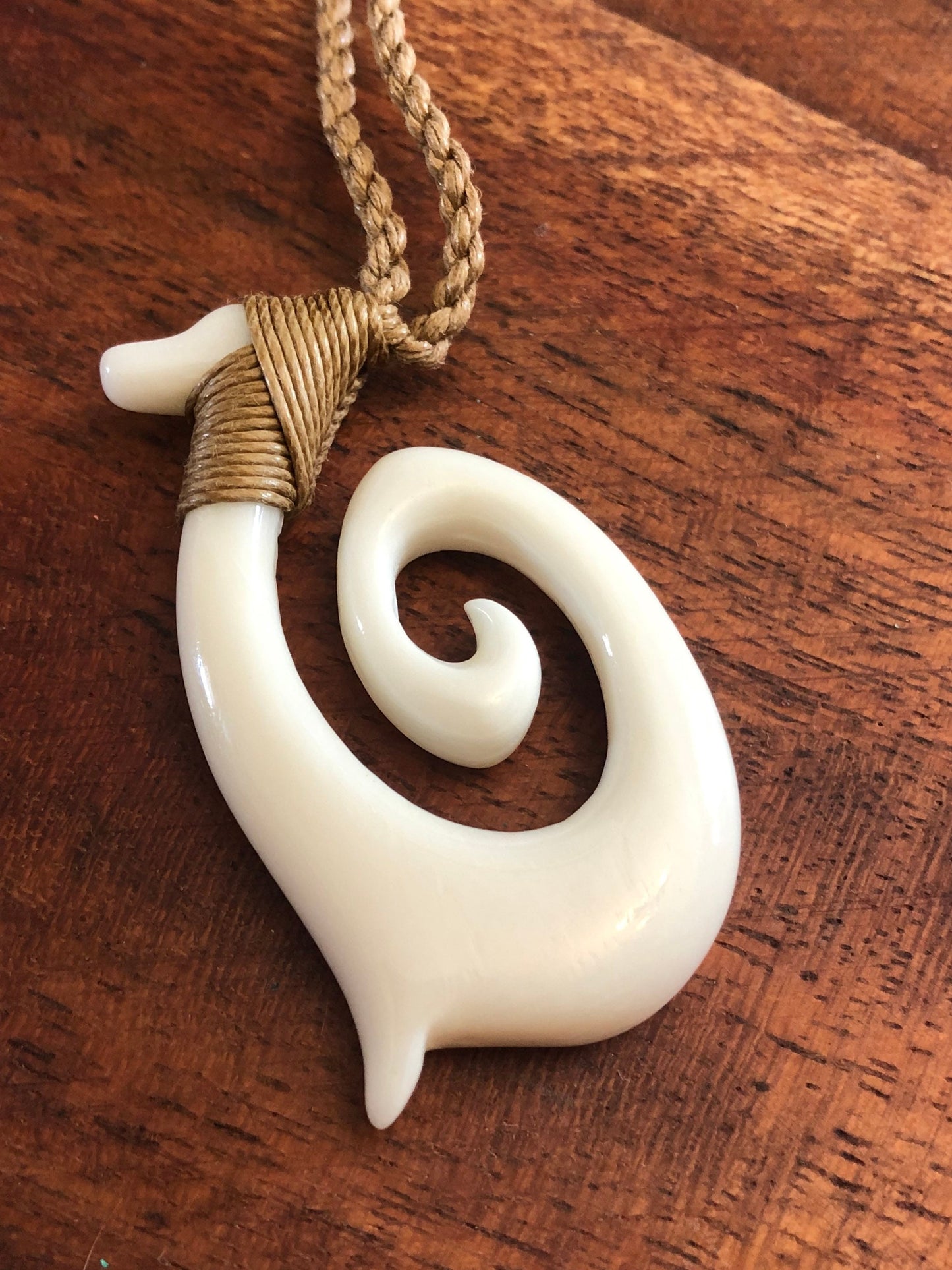 Hand Carved Buffalo Bone Fish Hook Hei Makau Necklace