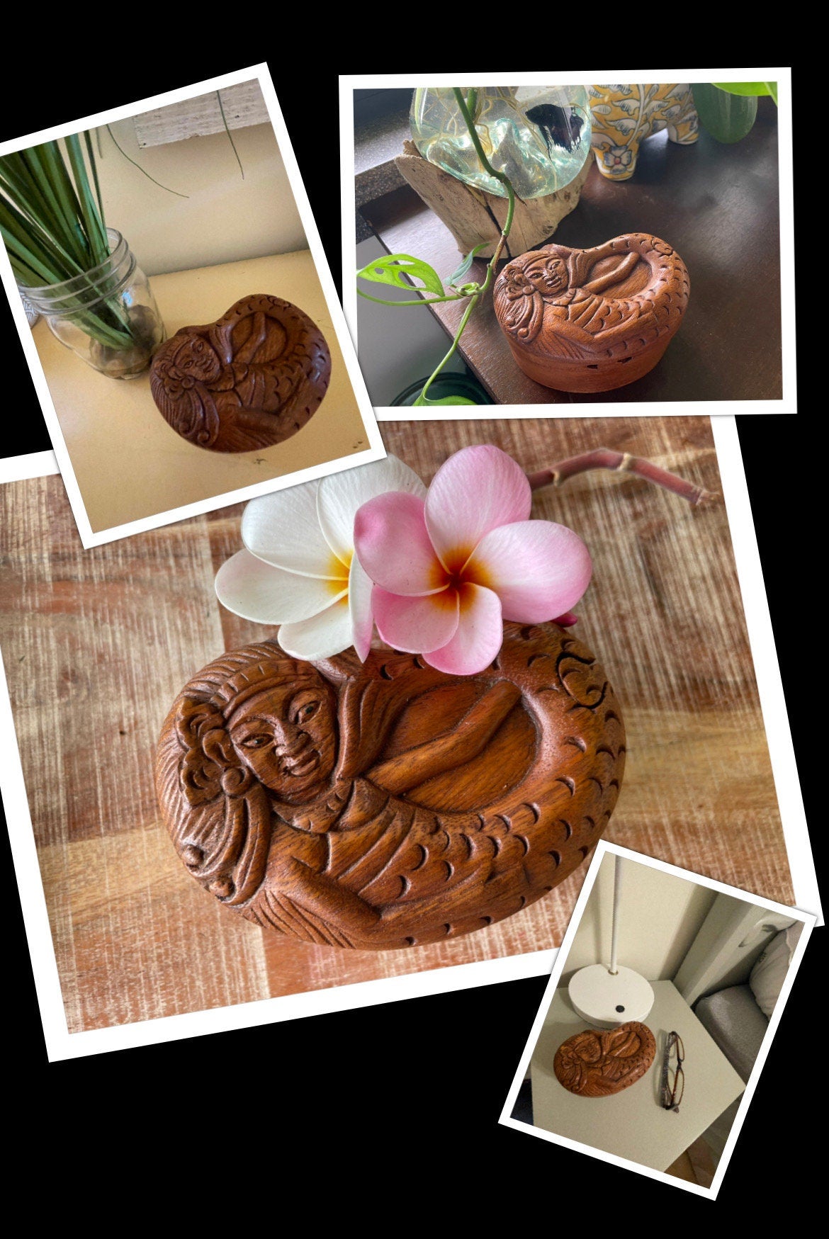 Hand Carved Mermaid Puzzle Box – Sea Hibiscus Wood Hidden Compartment