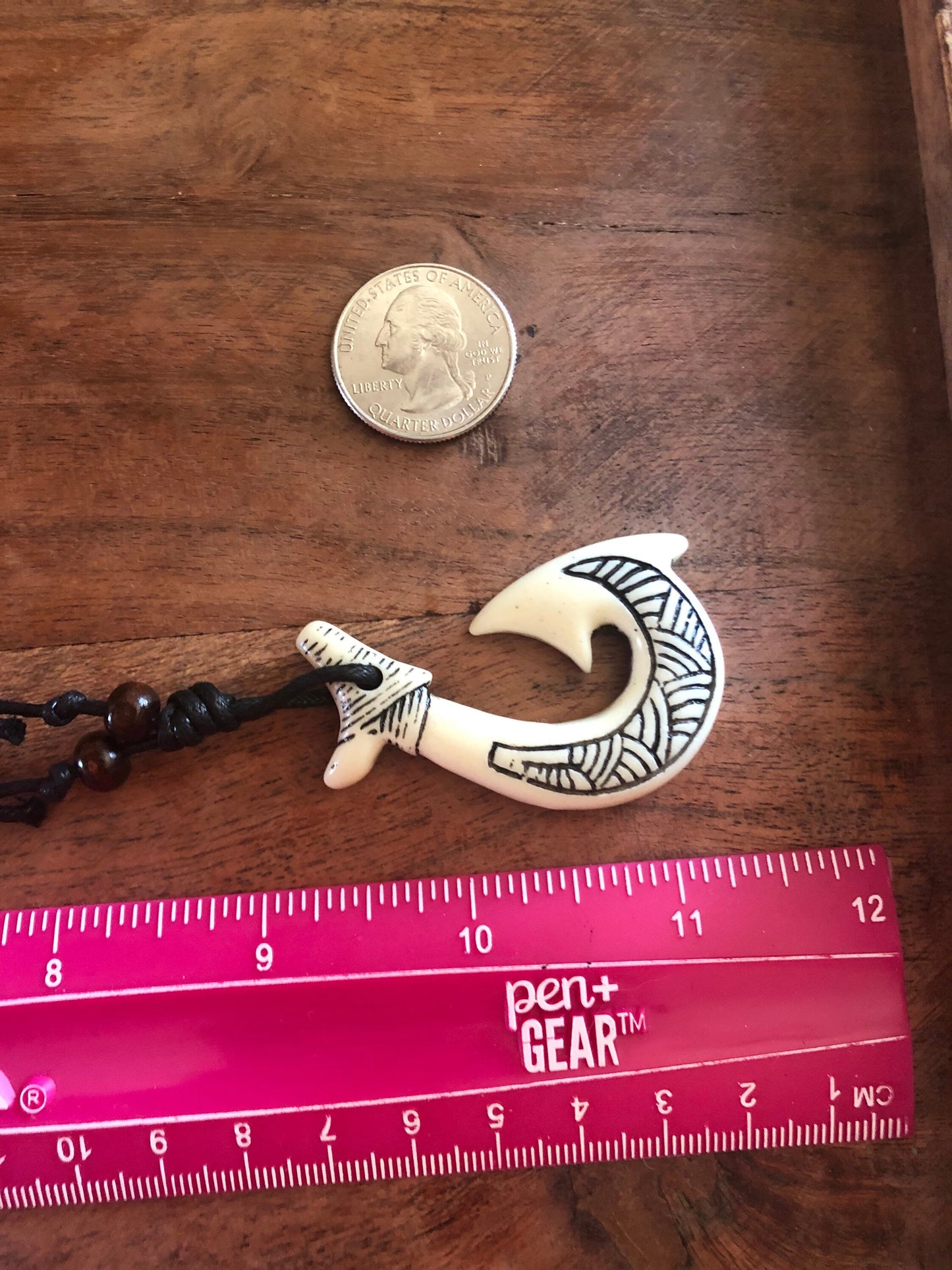 Buffalo Bone Makau Necklace: Polynesian Fish Hook, Adjustable Boho Surfer Style