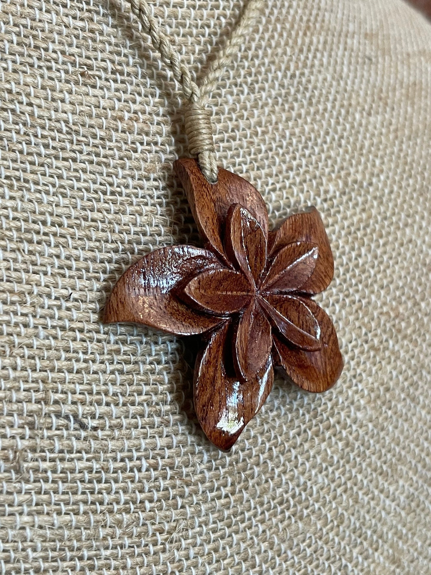 Hand Carved Koa Wood Plumeria Necklace - Adjustable Hemp Cord