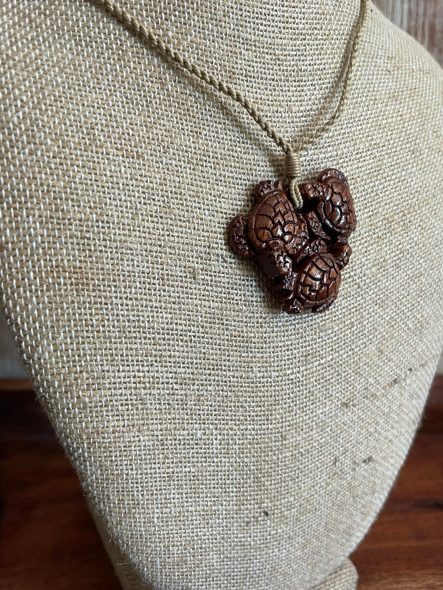 Hand Carved Koa Wood Sea Turtle Necklace – Adjustable Hemp Cord