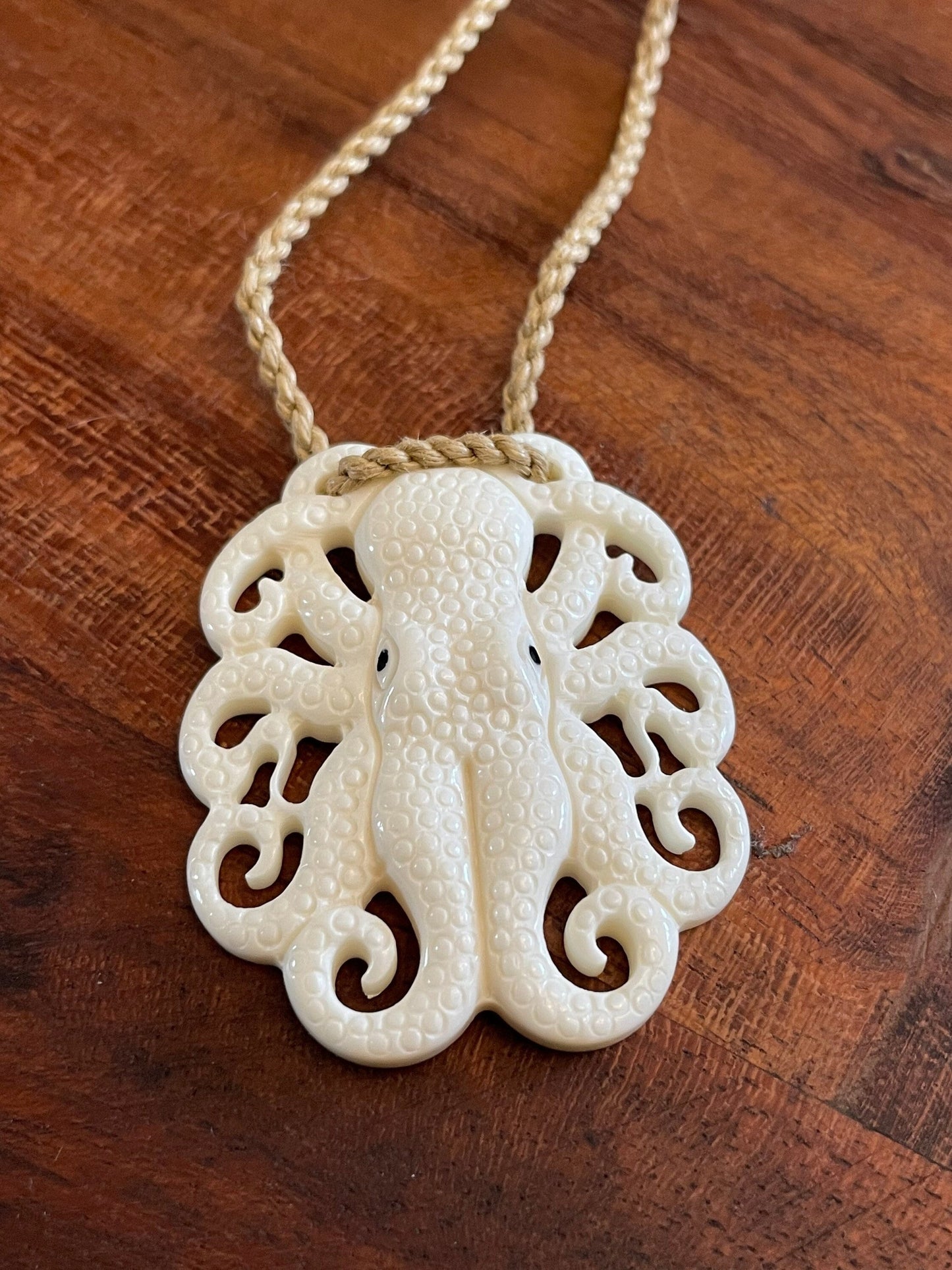 Hand Carved Buffalo Bone Octopus Pendant, Surfer Cord Necklace