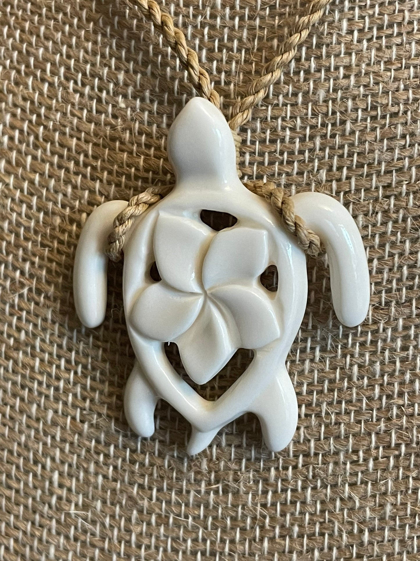 Hand Carved Bone Sea Turtle Necklace - Polynesian Plumeria Pendant