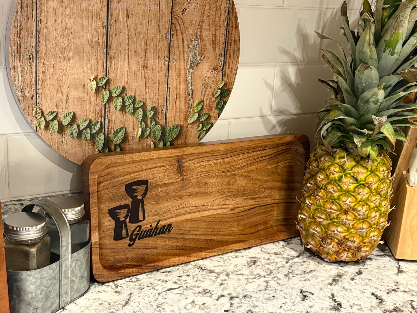 Chamorro Latte Stone Teak Tray: Guahan Engraved Wood Dish