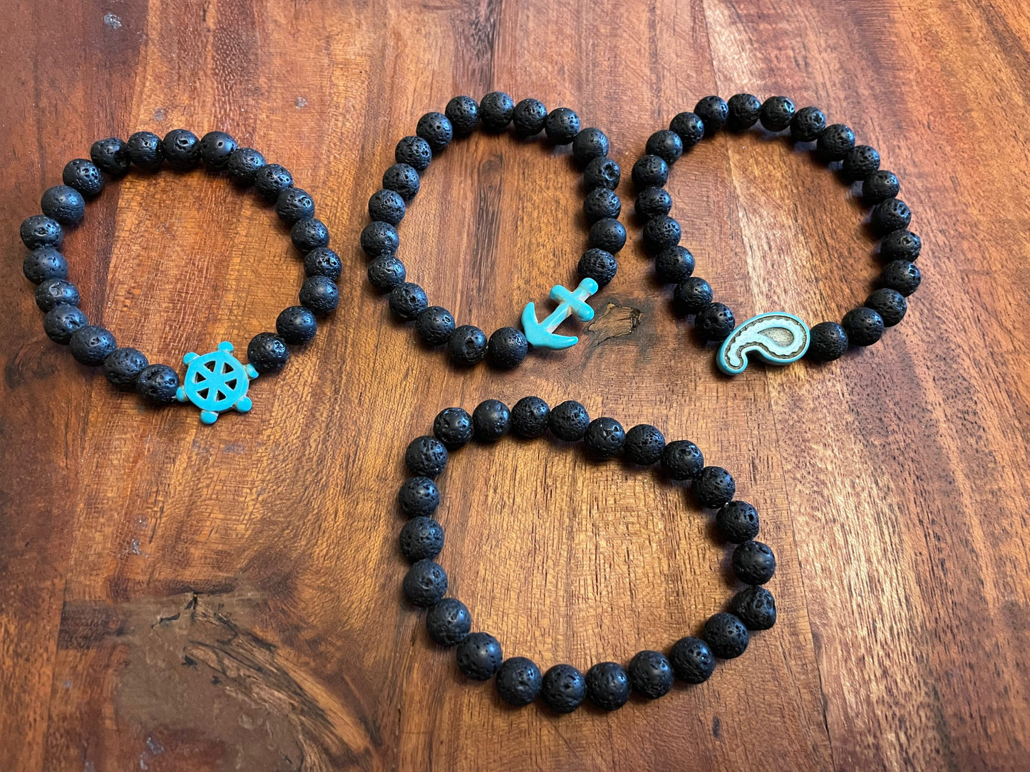 Real Lava Bead Elastic Bracelets with Turquoise Nautical Clay Bead Accent Beads