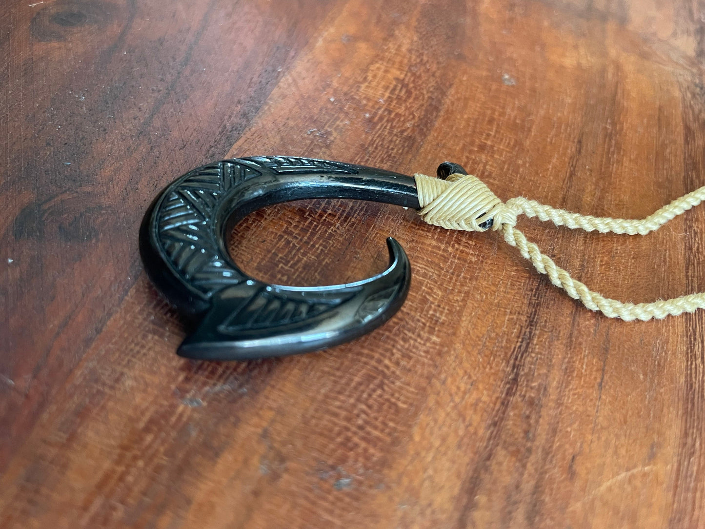 Hand Carved Buffalo Bone Makau Necklace: Micronesian/ Polynesian Fish Hook Pendant