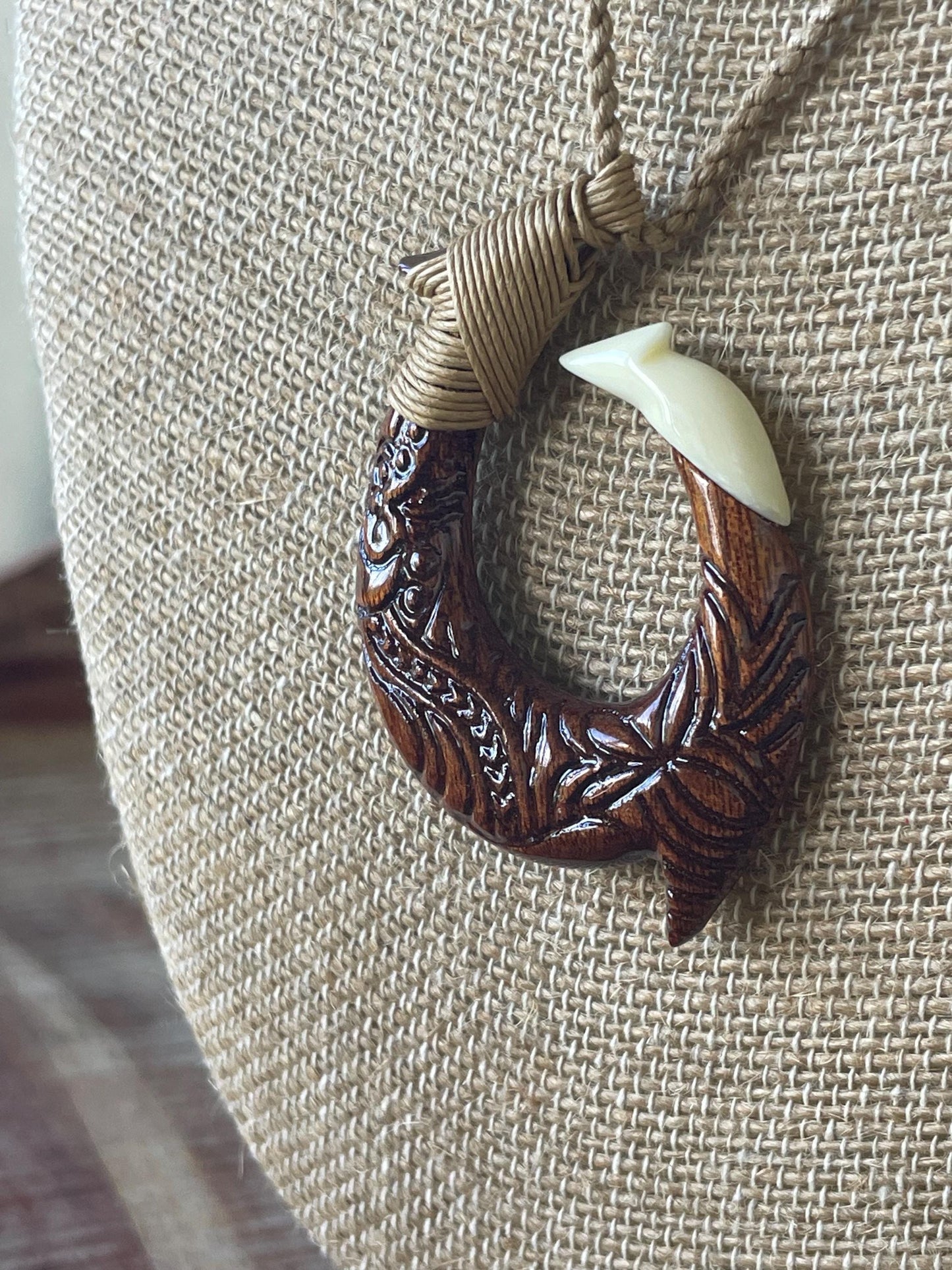 Handcarved Bone & Koa Wood Makau Pendant – Hawaiian Fish Hook Necklace