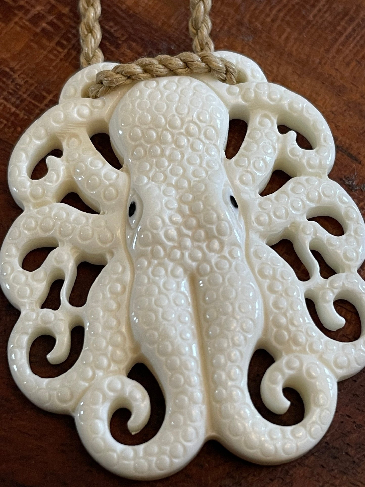 Hand Carved Buffalo Bone Octopus Pendant, Surfer Cord Necklace
