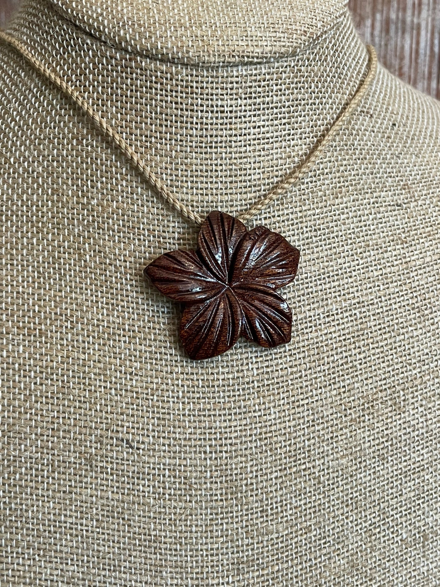 Hand Carved Koa Wood Plumeria Necklace - Adjustable Hemp Boho Jewelry