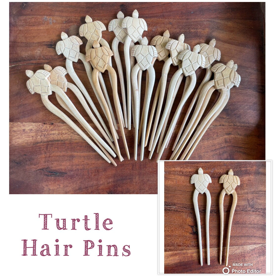 Hand-Carved Wooden Hair Fork – Polynesian Floral & Turtle Design