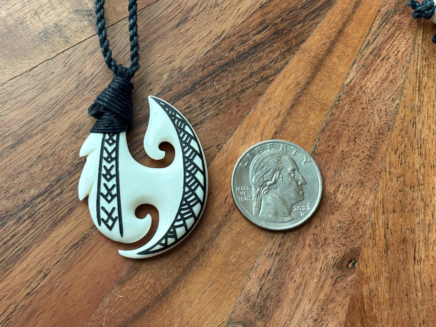 Hand Carved Buffalo Bone Makau Fish Hook Necklace Engraved with Pasefika Symbolism