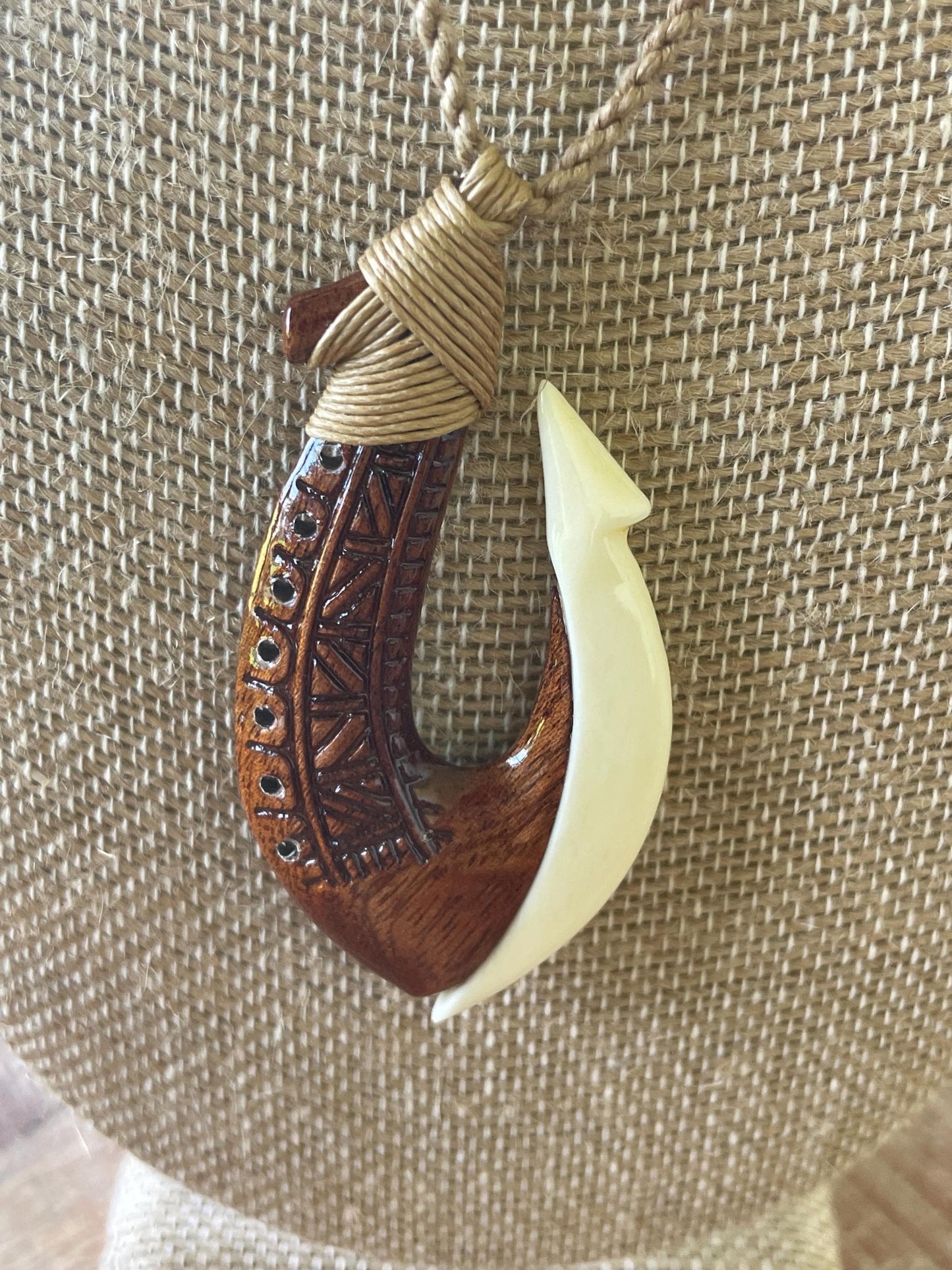 Handcarved Bone & Koa Wood Makau Necklace – Adjustable Cord