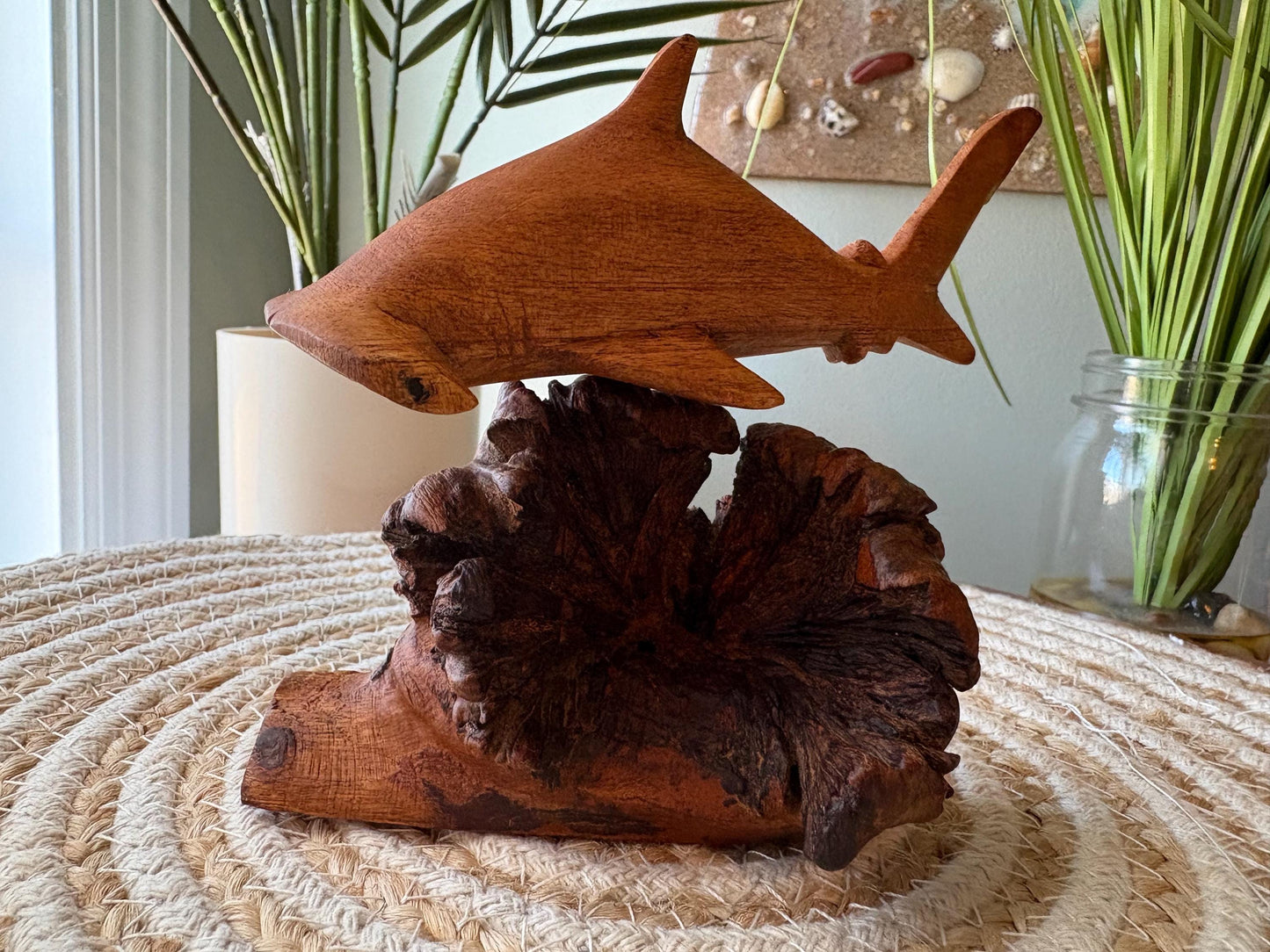 Hand Carved Hammerhead Shark Sculpture on Leech Wood Base
