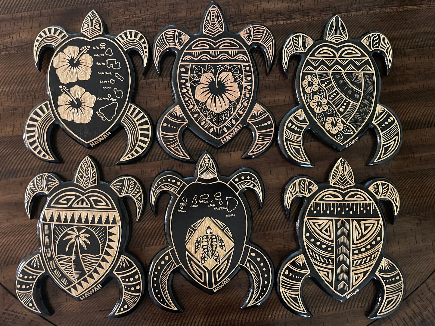 Hand Carved Sea Turtle Plaque – Polynesian Hibiscus Wood Wall Art
