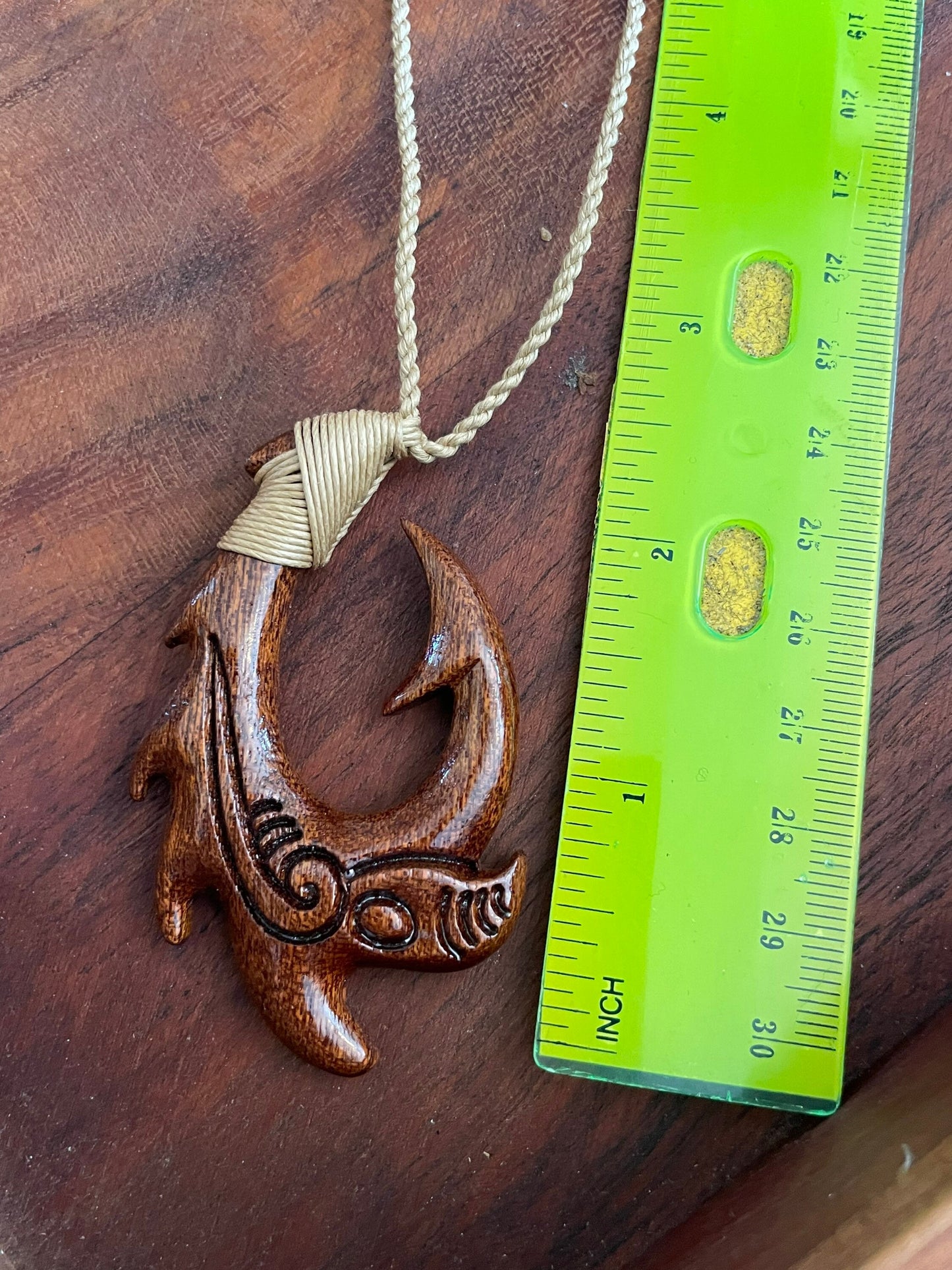 Hand Carved Koa Wood Makau Necklace, Koru Etchings, Adjustable Hemp Cord
