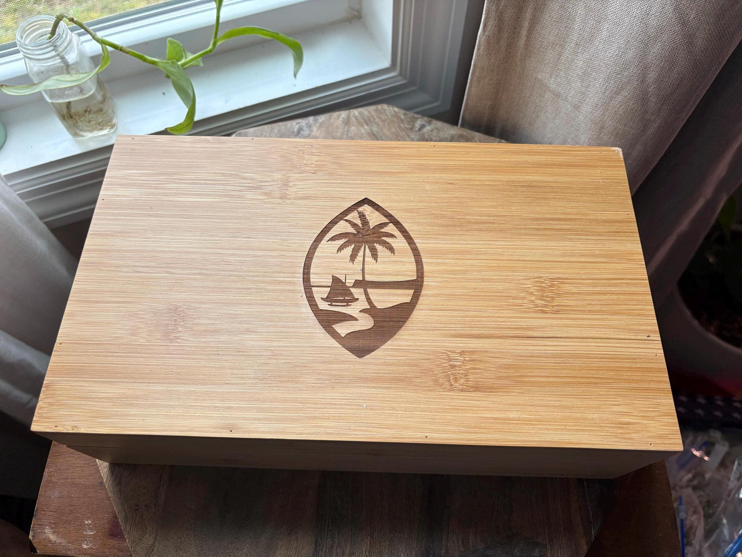 Wood Burned Guam Seal Bamboo Box
