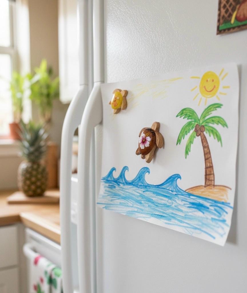 Hand Carved Wood Honu Magnet - Hand Painted Hibiscus, Hawaii Decor