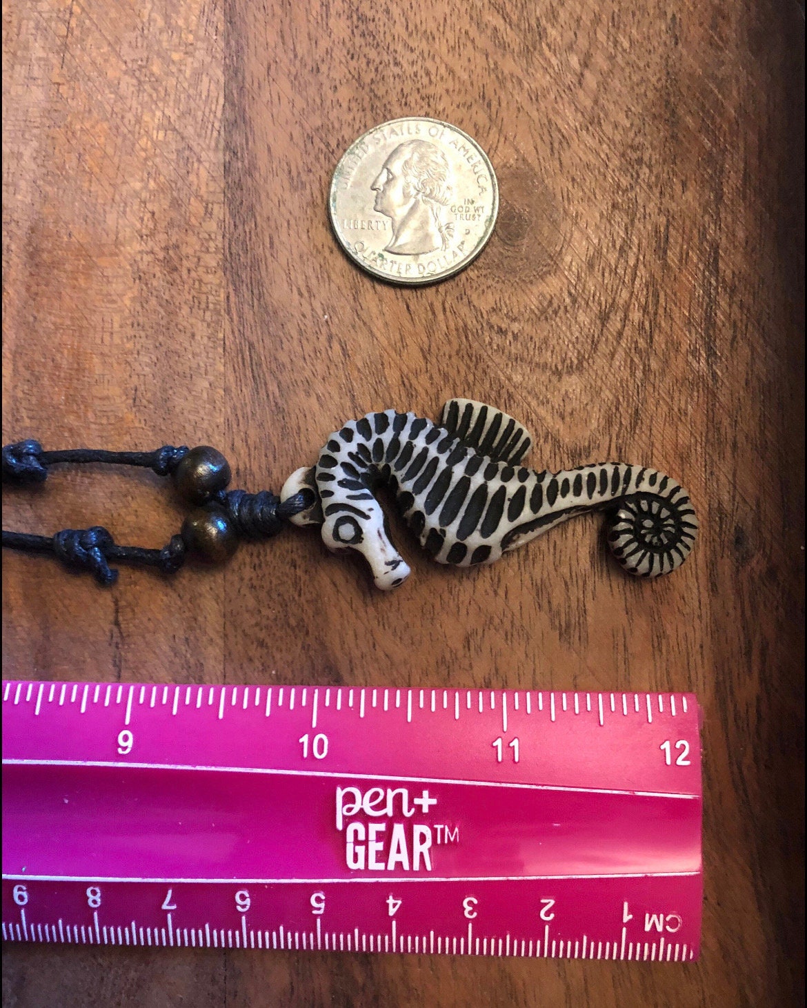 Detailed Handcrafted Bone & Resin Seahorse Pendant Adjustable Necklace