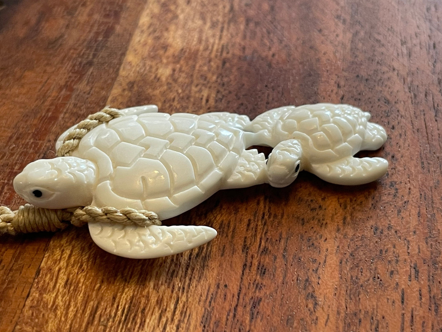 Sweet Pair of Polynesian Sea Turtles Carved from Solid Bone Adjustable Necklace