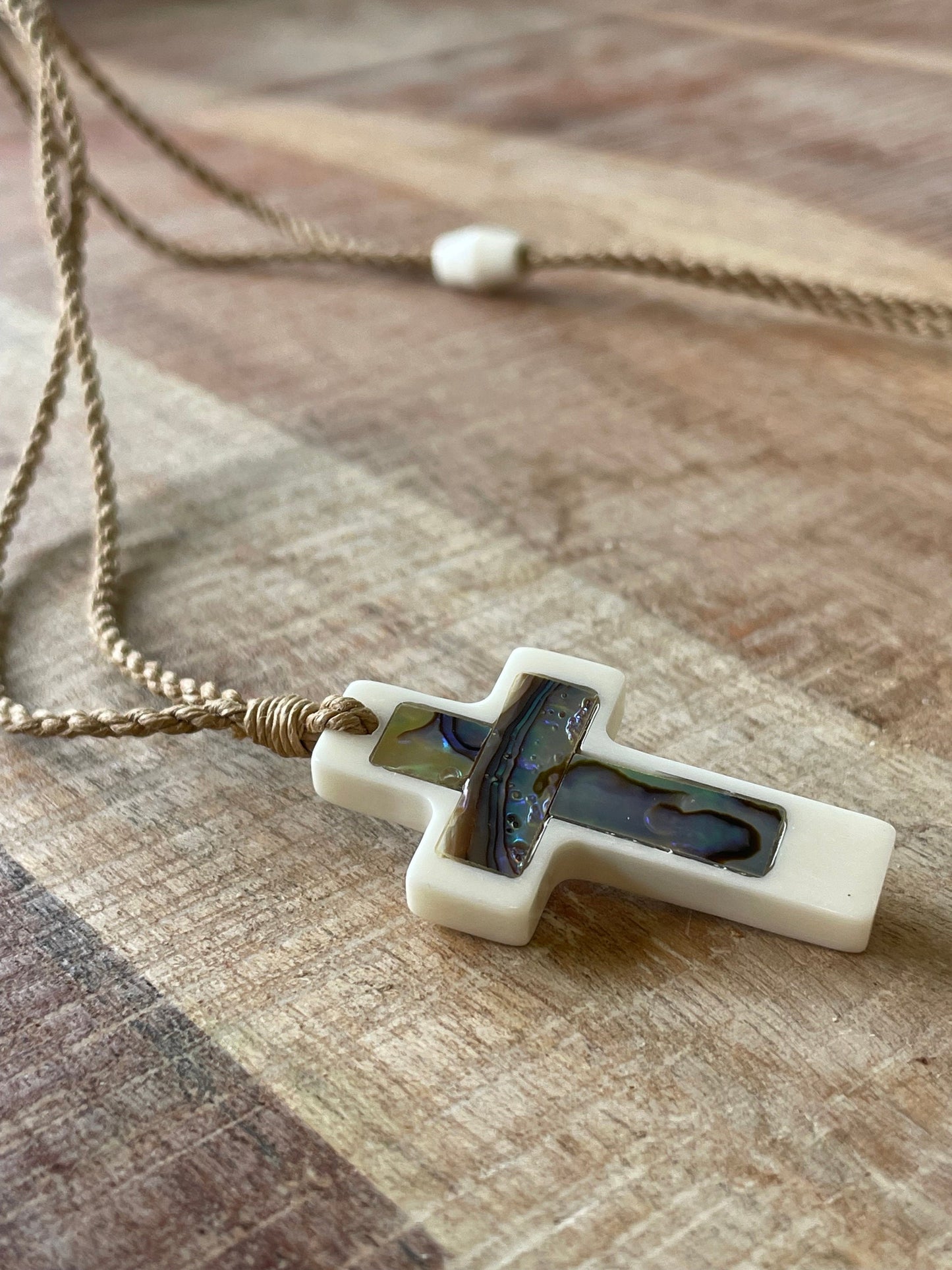Christian Bone and Abalone Shell Cross Adjustable Necklace Polynesian Handcrafted Surfer Style