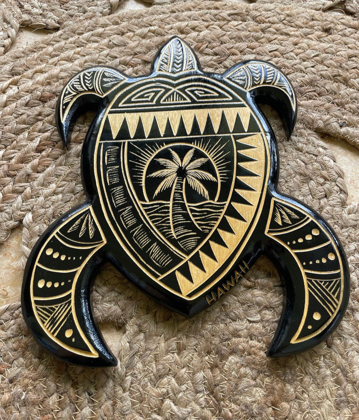 Hand Carved Sea Turtle Plaque – Polynesian Hibiscus Wood Wall Art