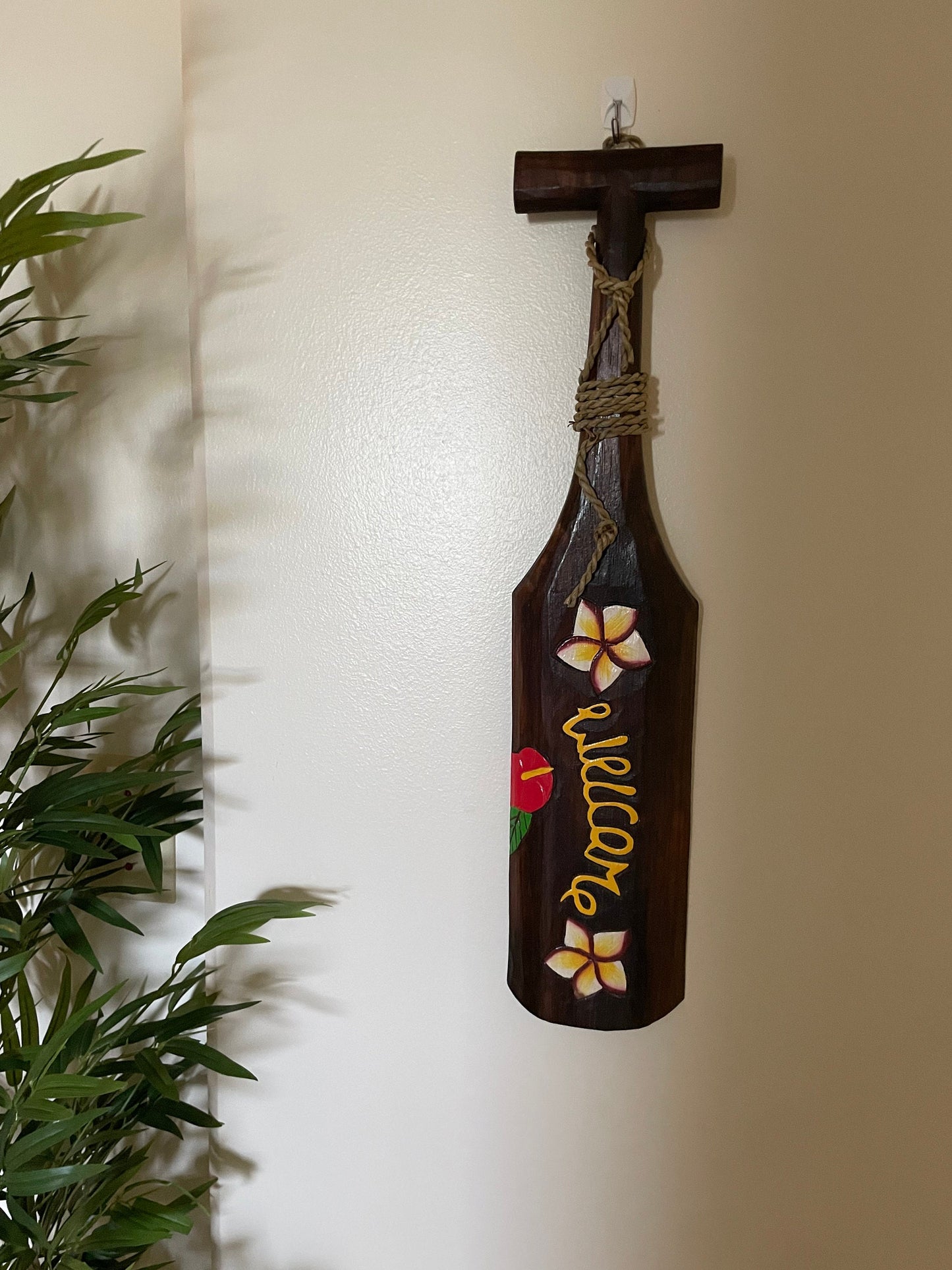 Hand Carved and Brightly Hand Painted Solid Wood Welcome Hawaiian Paddle Adorned with Flowers